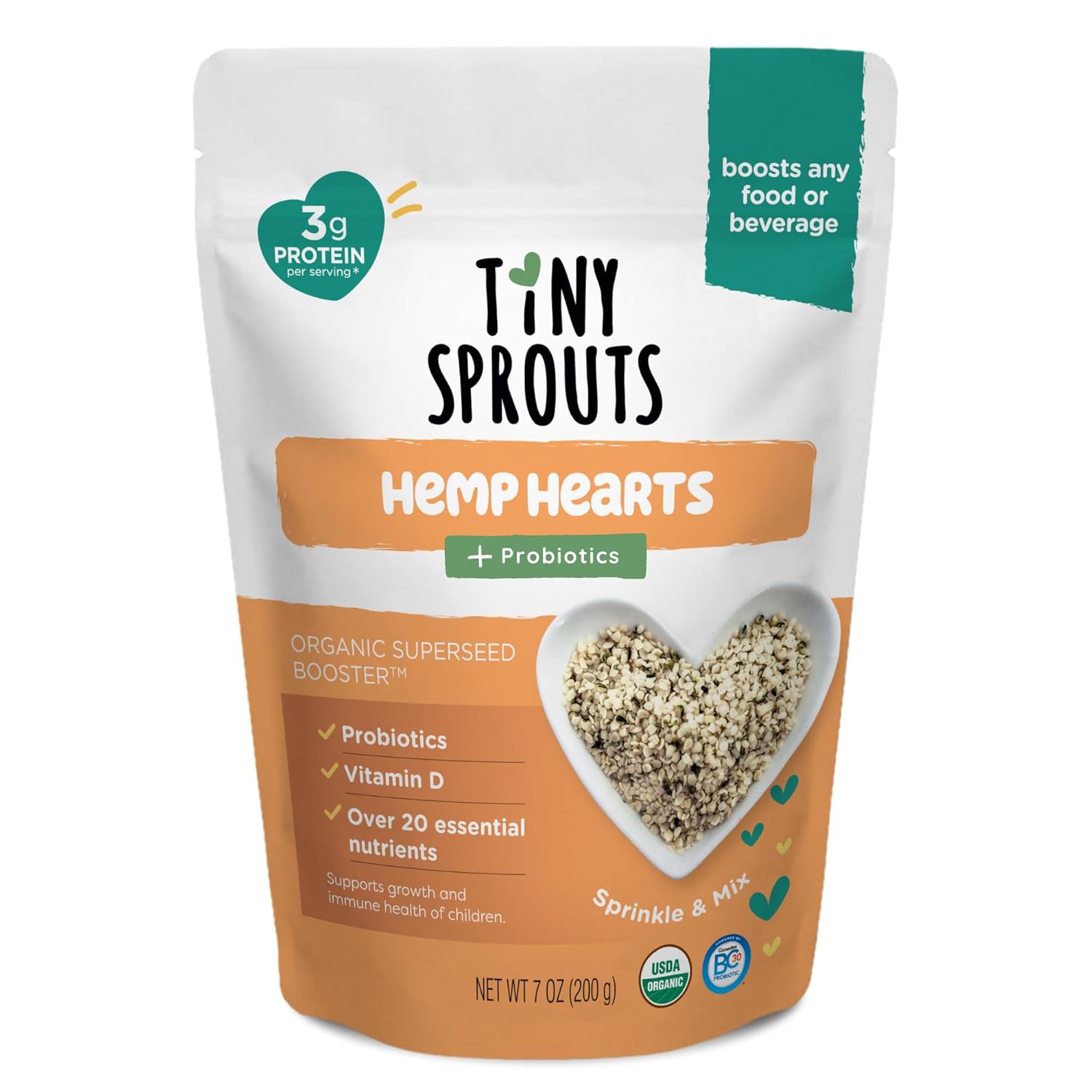 Tiny Sprouts Corazones de cáñamo orgánico regenerativo + probiótico de porción completa + vitamina D3 I potenciador de semillas de cáñamo para bebés