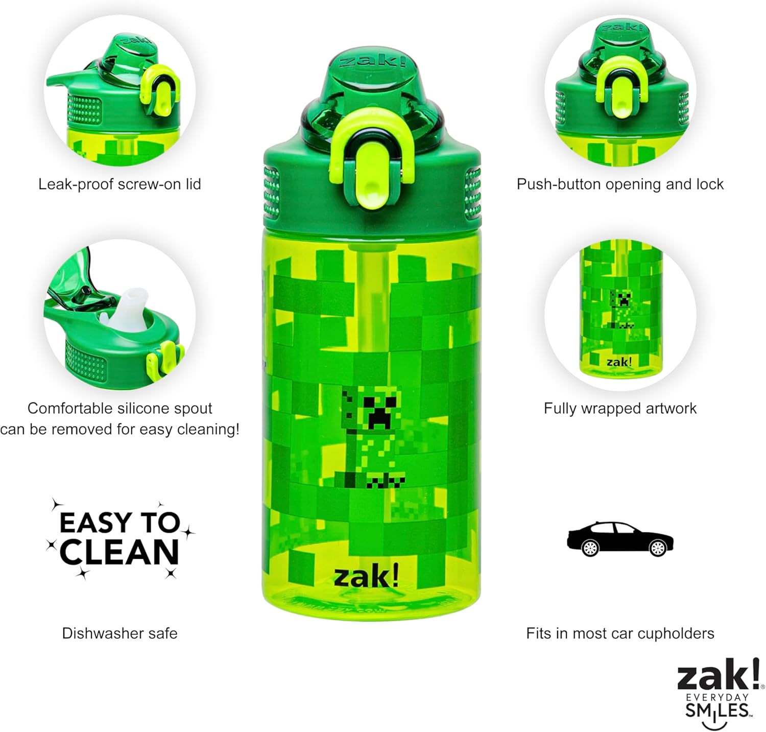 Zak Designs Sage Minecraft Botella de agua para niños, escuela o viajes, plástico duradero, 16onzas, con popote, asa, tapa, boquilla abatible, a