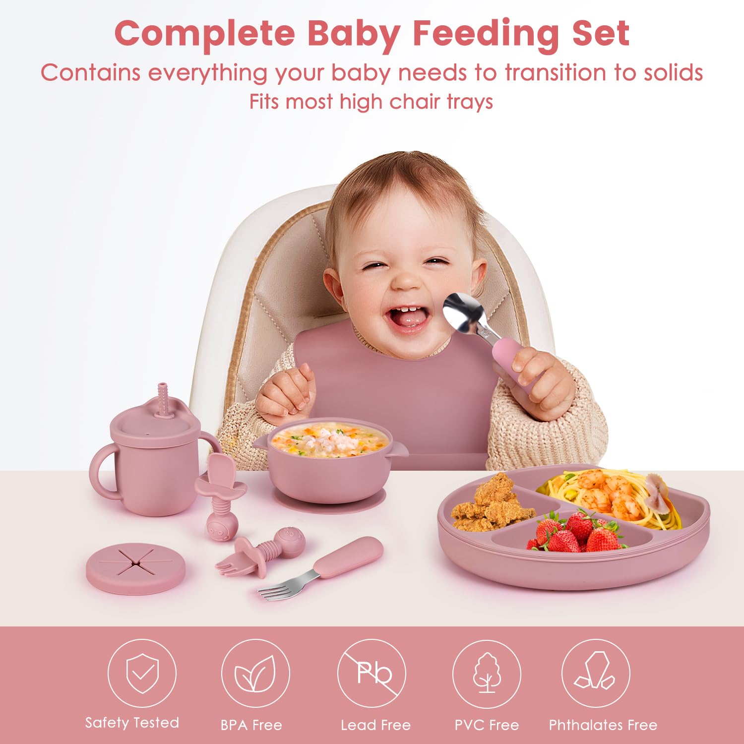 Juego de alimentación de silicona para bebés, suministros de destete para bebés, vajilla de primera etapa para niños pequeños con placa y tapa