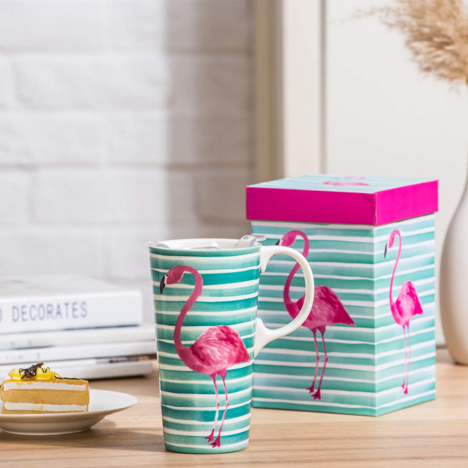 Topadorn Taza de café de cerámica con tapa Taza de cerámica con caja de regalo, flamenco