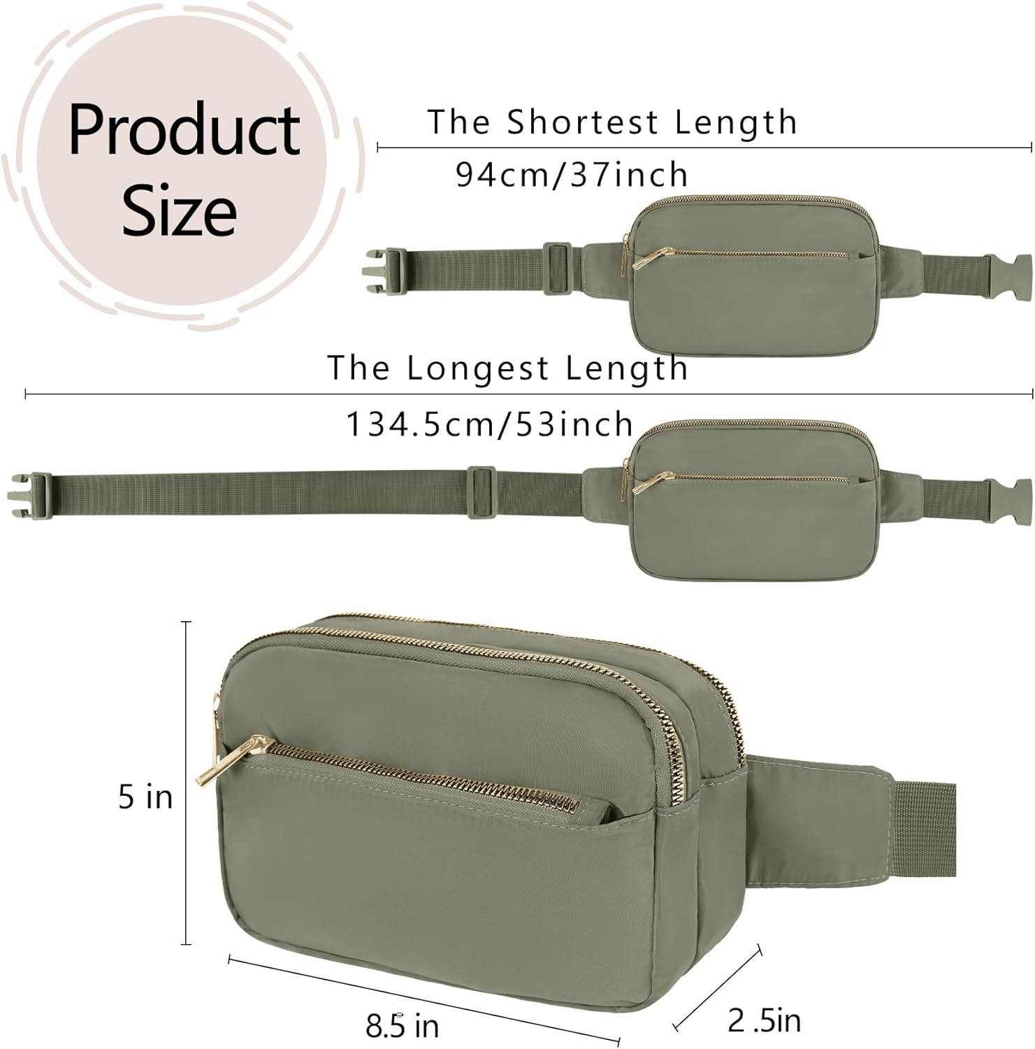 Riñonera cruzada para mujeres y hombres, bolsa de cinturón de regalo para mujeres con correa ajustable para deportes, Verde caqui con 3 cremalleras,