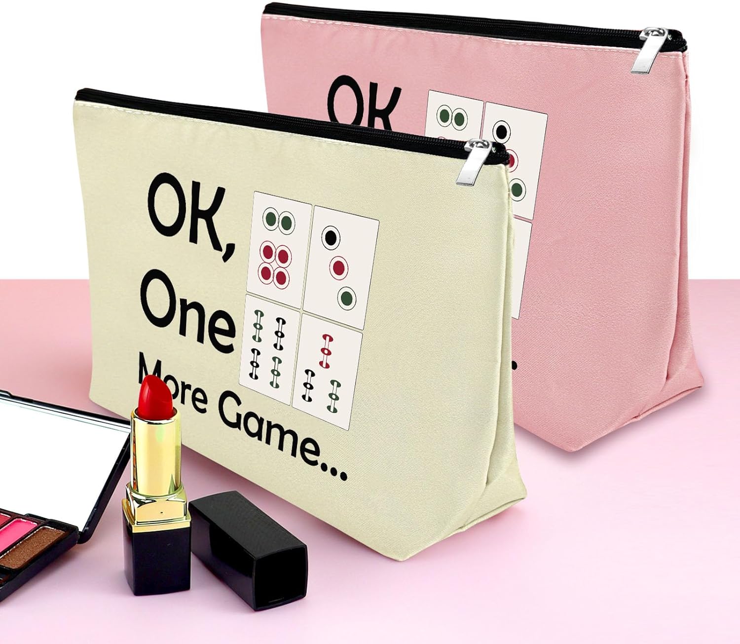 Mxrymvu 2 unids Mahjong amante regalo maquillaje bolsa Mahjong jugador regalo Mahjong niñas bolsa de cosméticos, rosado+beige, Viajes