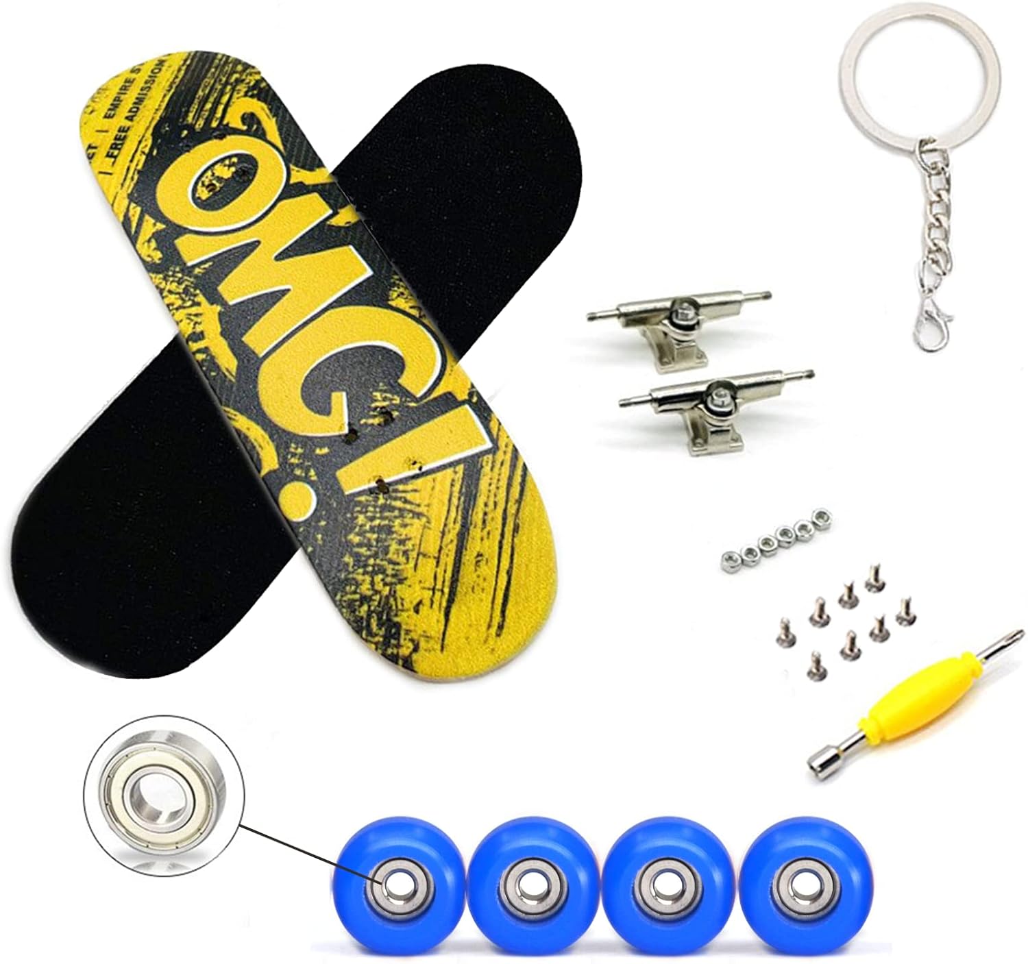 Patineta de madera de arce con caja, ruedas profesionales para diapasones con rodamientos, mini juguete para dedos para adultos y niños (amarillo)