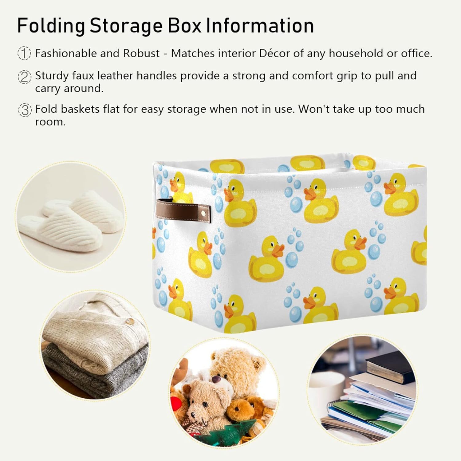Cesta de almacenamiento rectangular de patos de goma amarillos, caja de almacenamiento plegable con asas de cuero, cestas de lavandería, organizador