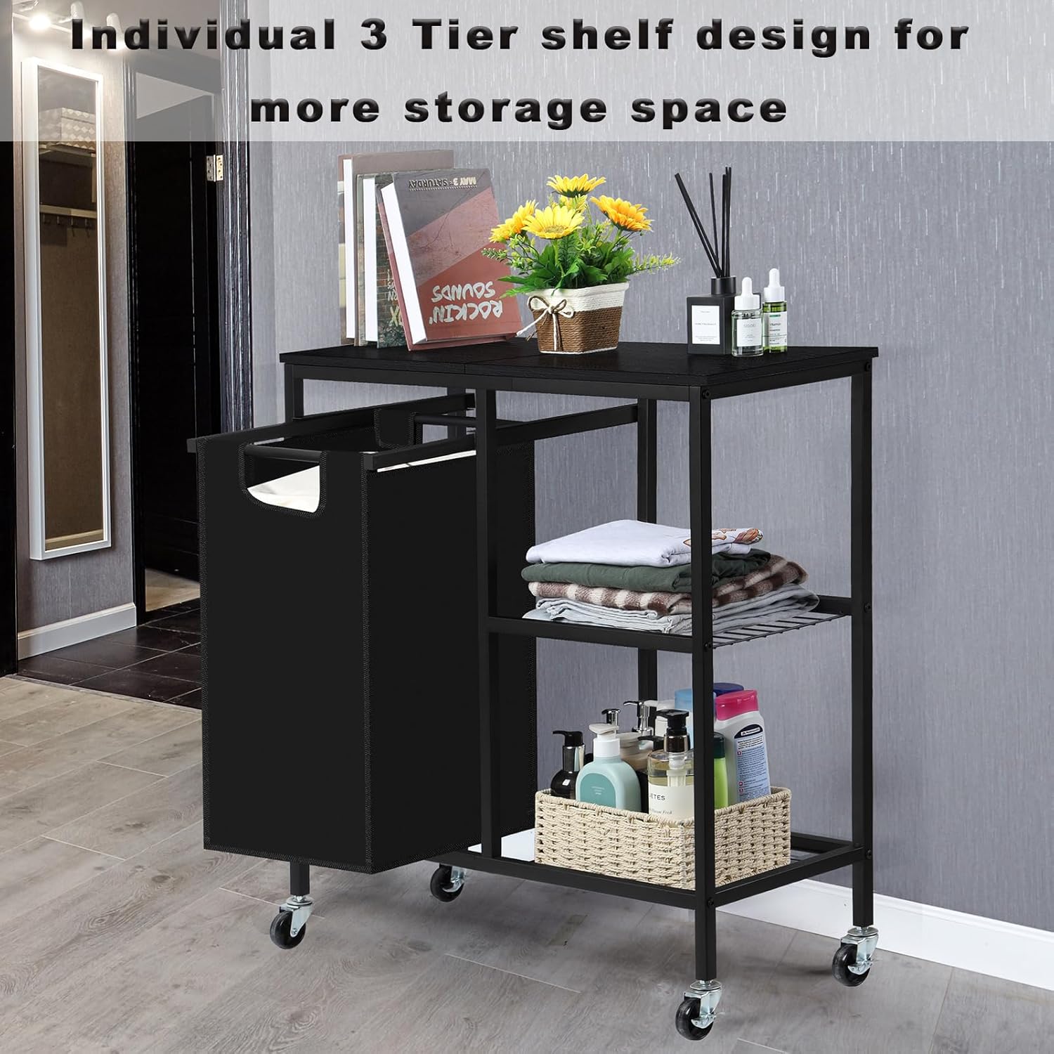 Clasificador de ropa con estante lateral de hierro, cestas de lavandería con bolsas extraíbles y extraíbles de 45 L, cesta de ropa con ruedas,