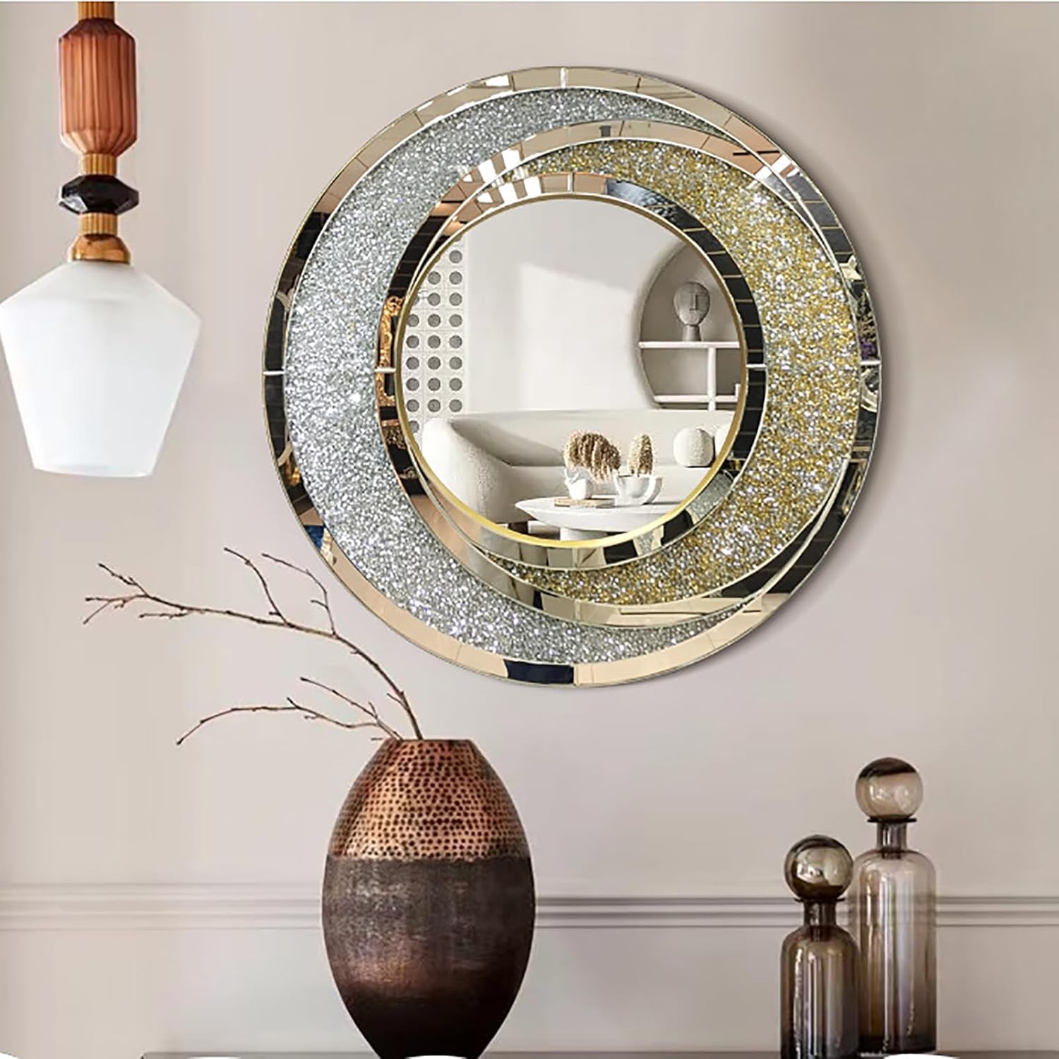 XOOFMASS Espejos de pared plateados decorativos, grandes espejos redondos de diamante para decoración de pared, modernos espejos de lujo decorativos