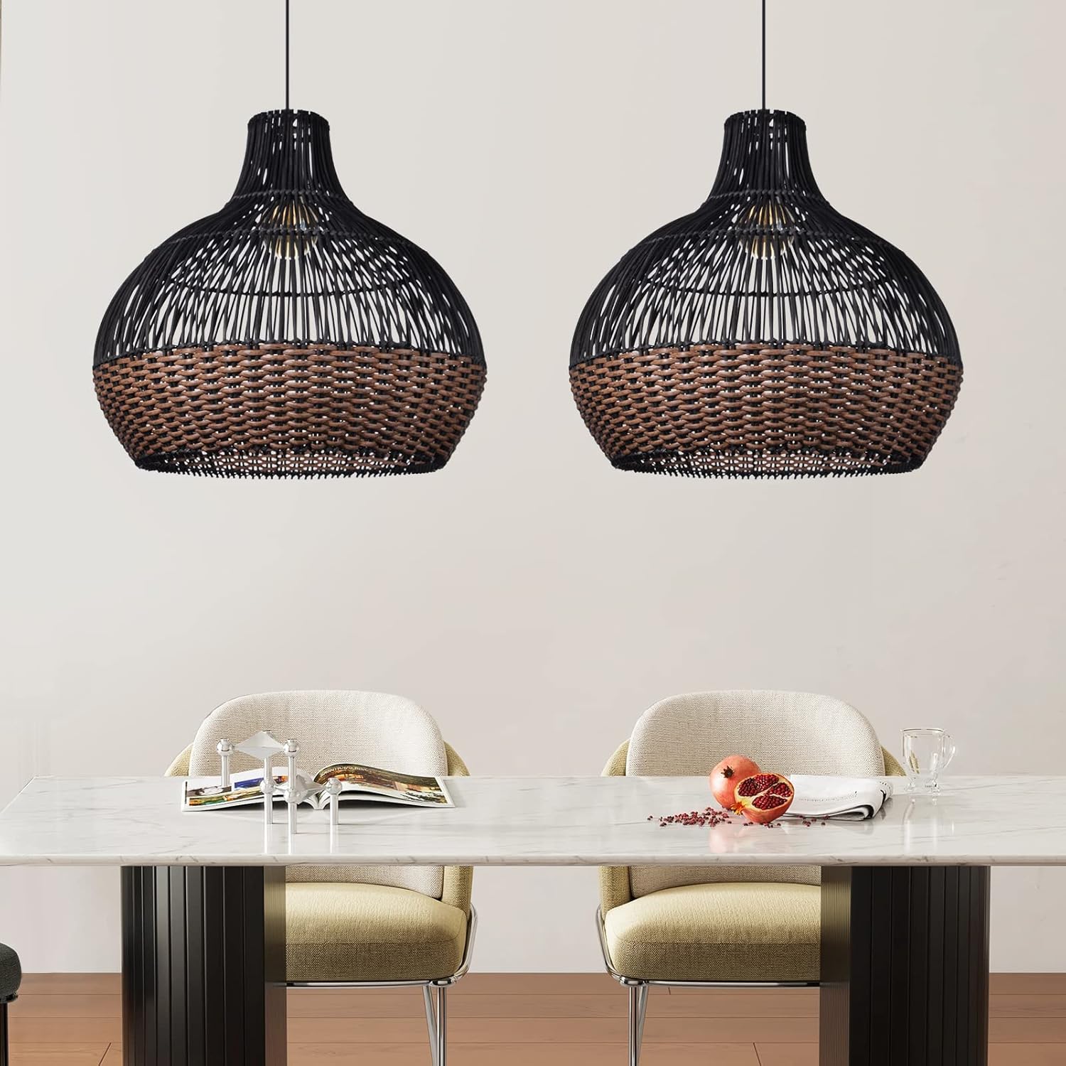 Arturesthome Luces colgantes de ratán negro, lámpara de mimbre estilo bohemio, accesorio de iluminación de cesta, lámpara colgante grande de tejido