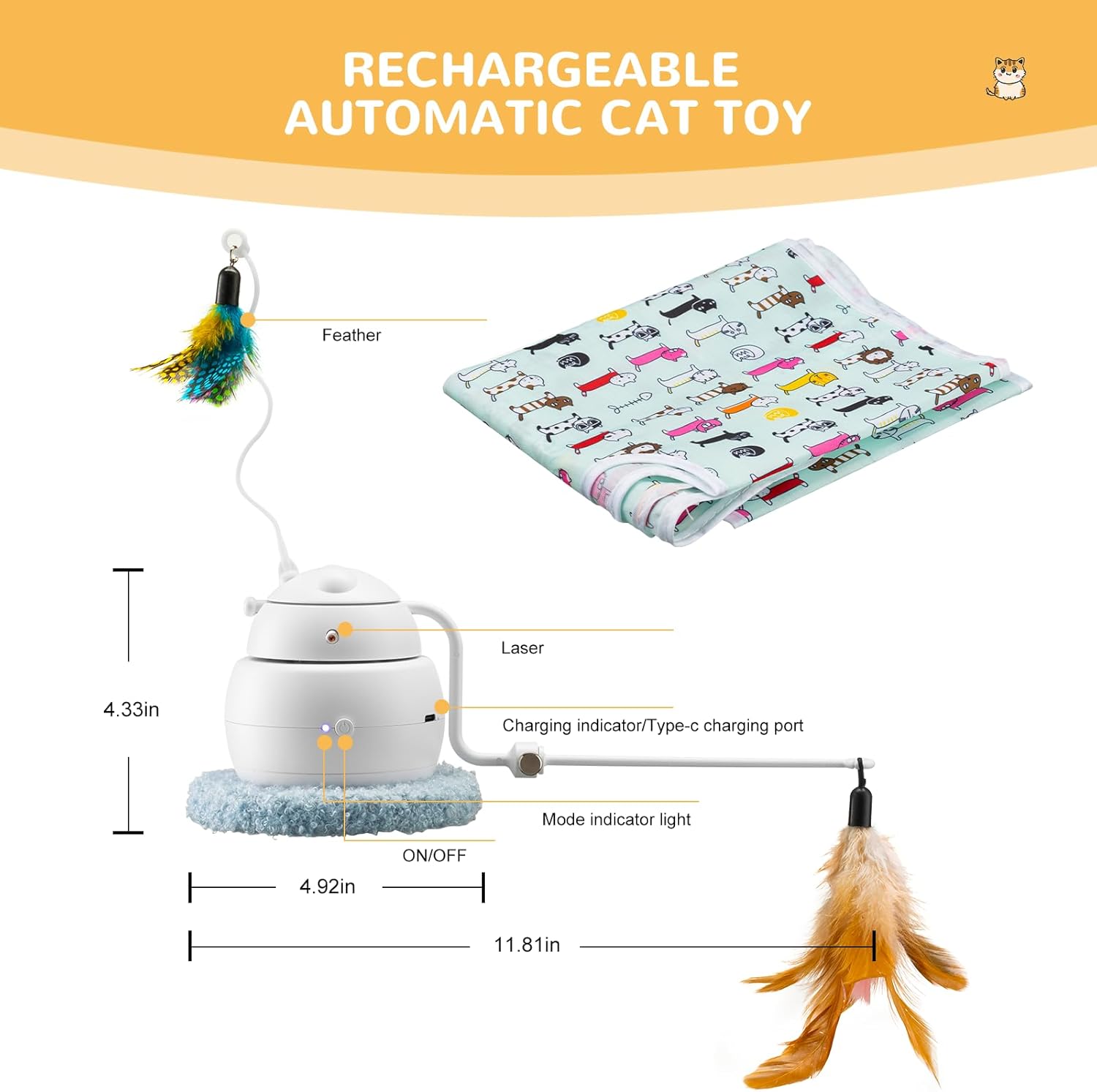 SEECLOUD Juguetes interactivos automáticos para gatos, 4 en 1, recargable, láser, para interiores, 2 plumas y cubierta, juguetes para gatos para