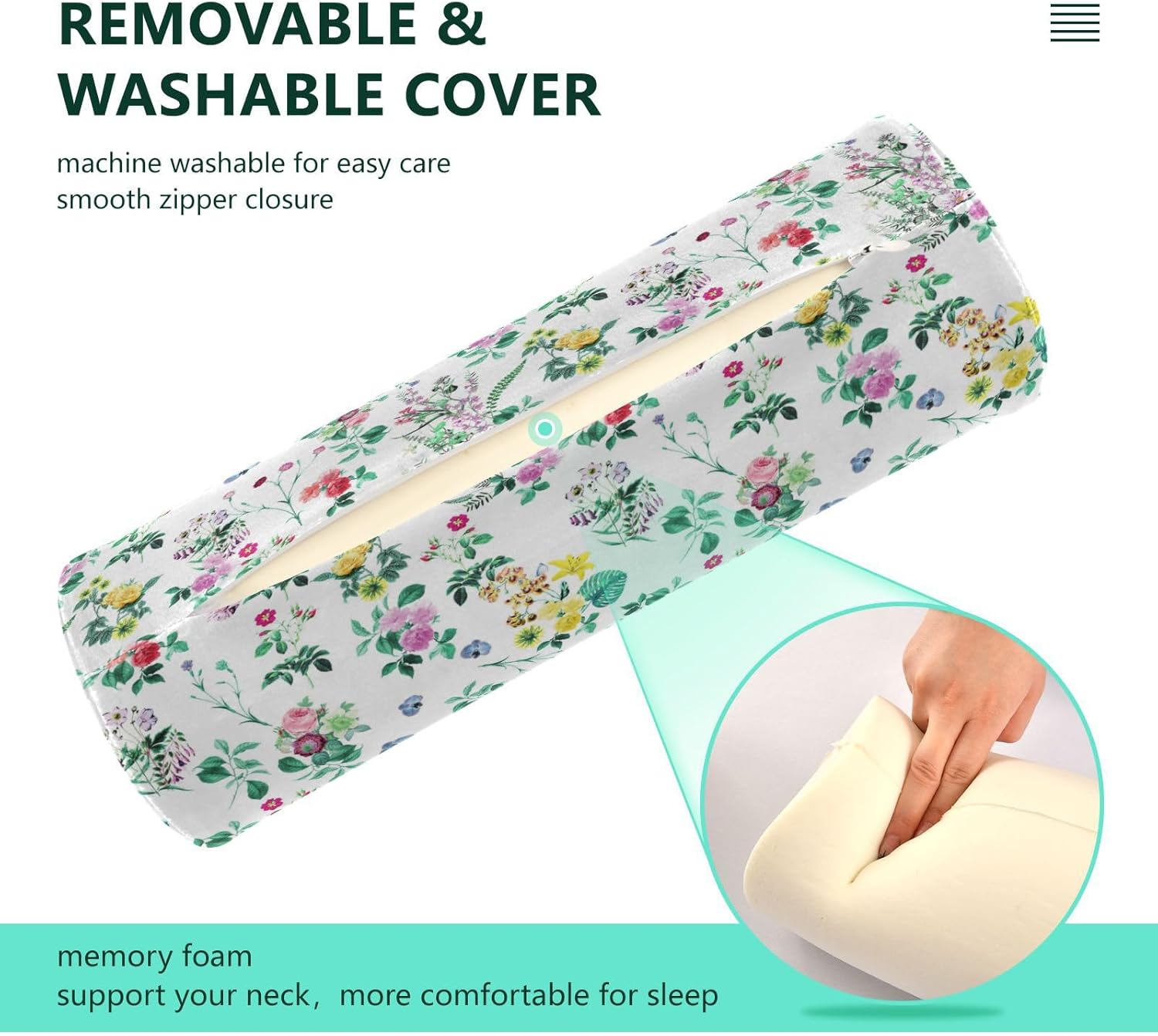 Almohada con diseño de hojas y flores silvestres para piernas para dormir, almohada cervical con funda de almohada larga redonda para cama