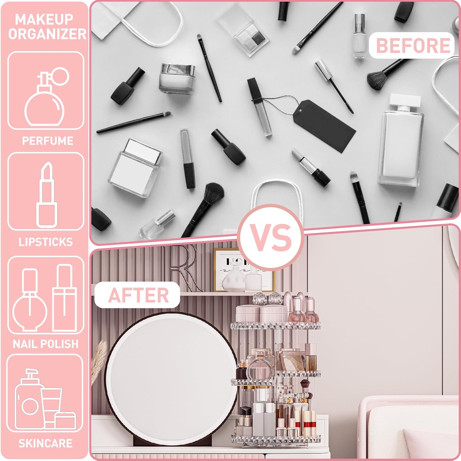 Organizador de maquillaje giratorio de 360 grados con 3 capas ajustables, organizadores de cuidado de la piel para perfumes cosméticos,