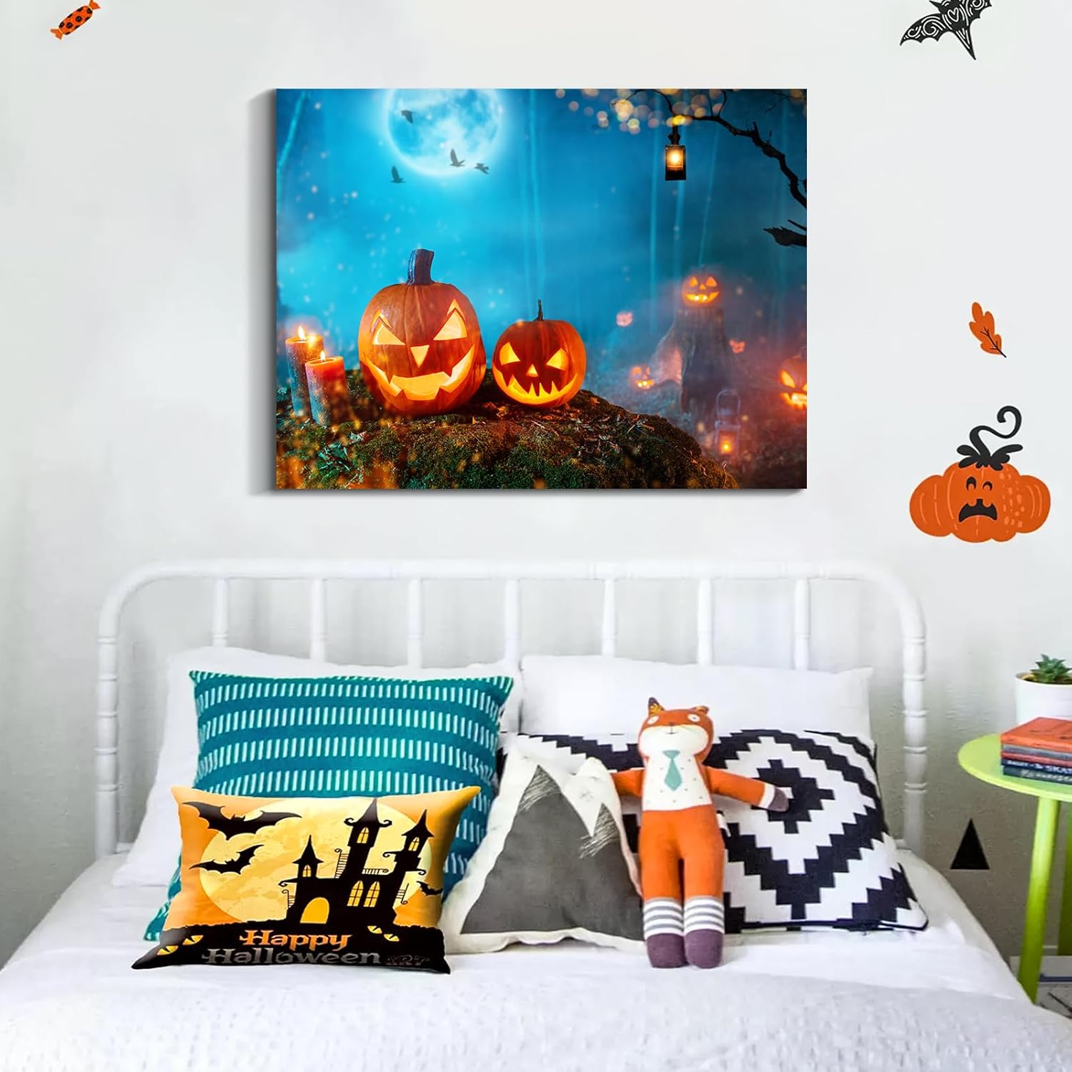 Denozer – Lienzo decorativo para pared con imágenes temáticas de Halloween, decoración de pared de calabaza iluminada, decoración de pared del hogar