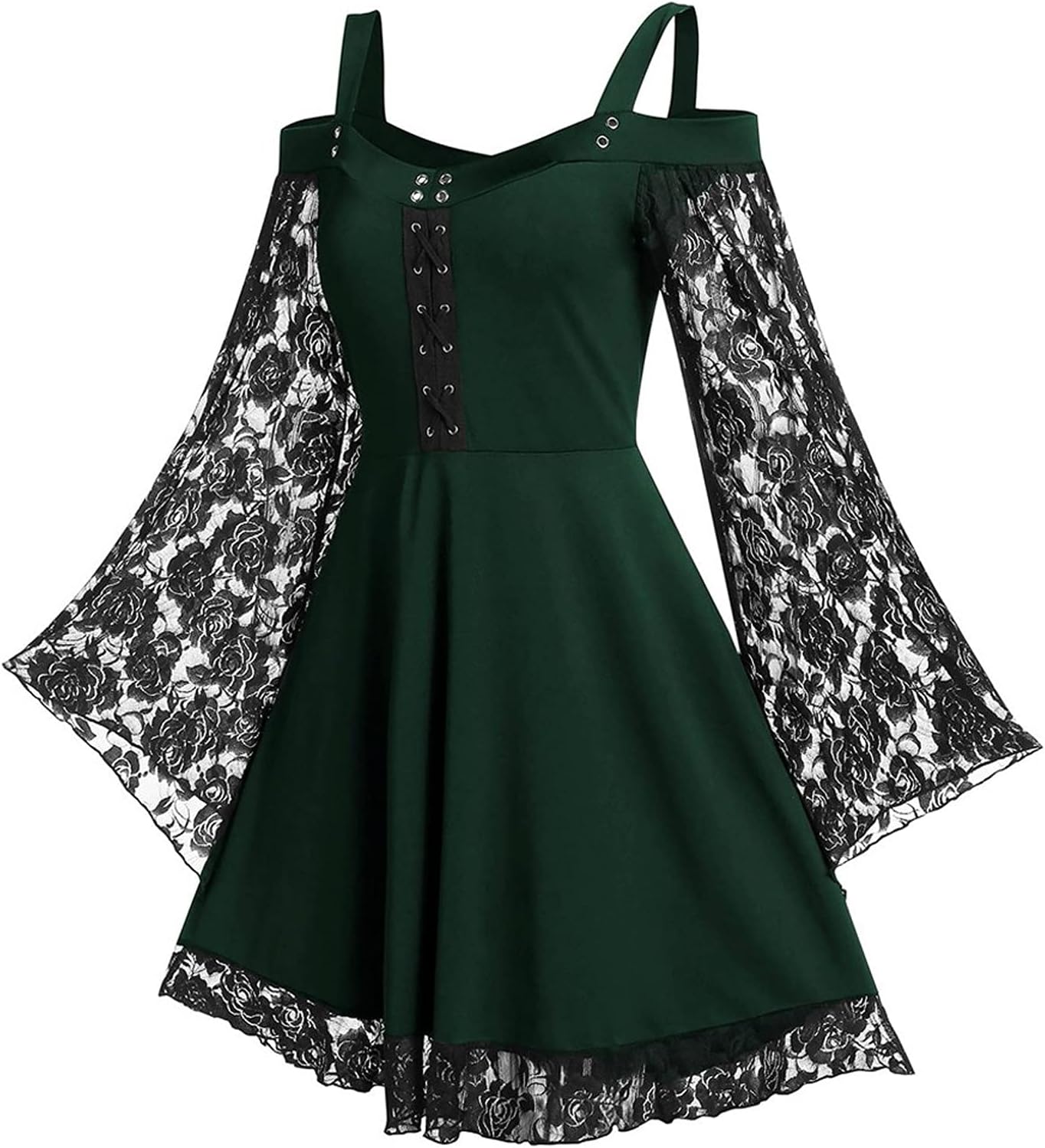 Vestido gótico con hombros descubiertos para mujer, con encaje, manga acampanada, vestido de cóctel formal, vestido de cóctel punk para Halloween,