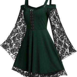 Vestido gótico con hombros descubiertos para mujer, con encaje, manga acampanada, vestido de cóctel formal, vestido de cóctel punk para Halloween, Vestido gótico con hombros descubiertos para mujer, con encaje, manga acampanada, vestido de cóctel formal, vestido de cóctel punk para Halloween,