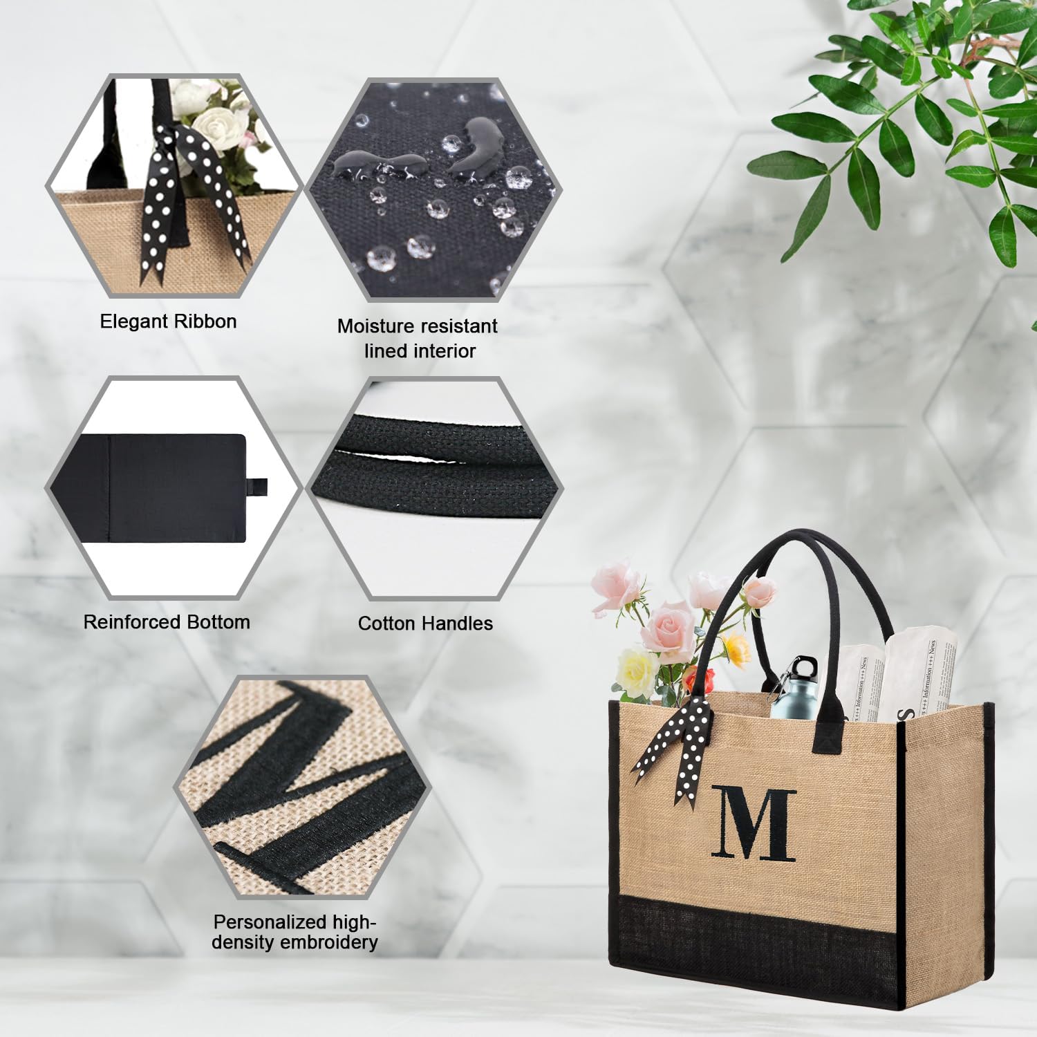 BeeGreen Bolsas de yute con monograma para mujer, bolsa de mano con inicial, regalos de cumpleaños personalizados para madre, bolsa de boda para