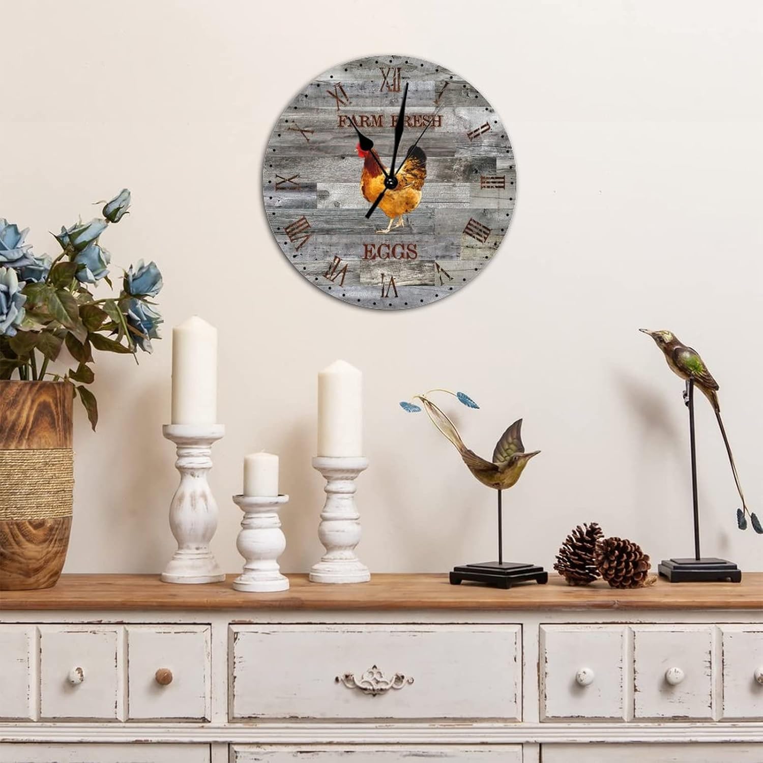 Reloj de pared decorativo de madera redondo de estilo vintage, con números romanos, de madera, con números romanos, silencioso, sin tictac, funciona