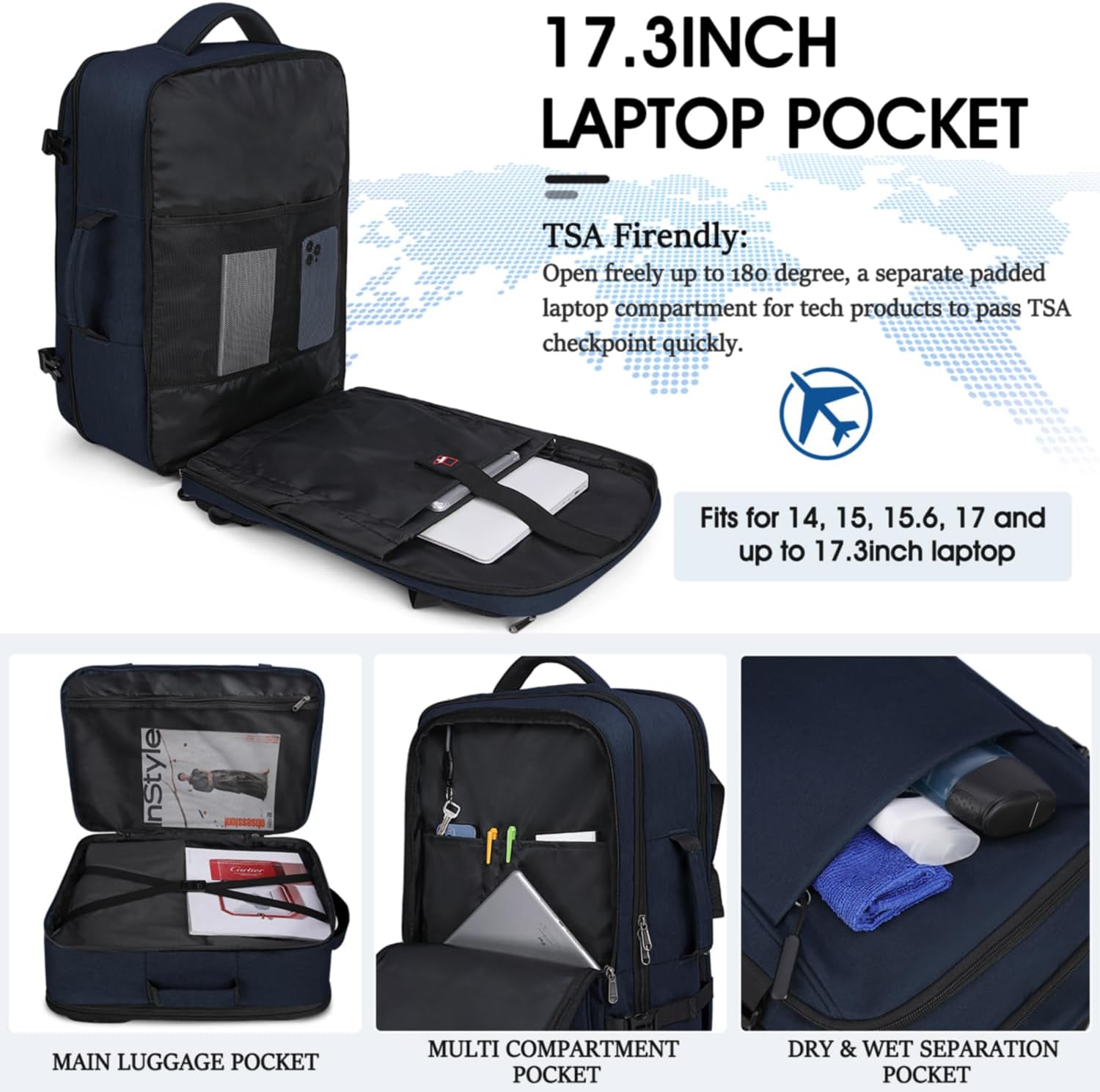 IGOLUMON Mochila de viaje para hombres y mujeres, 40L, aprobada para vuelo, mochila de transporte impermeable de 17 pulgadas para laptop, Azul