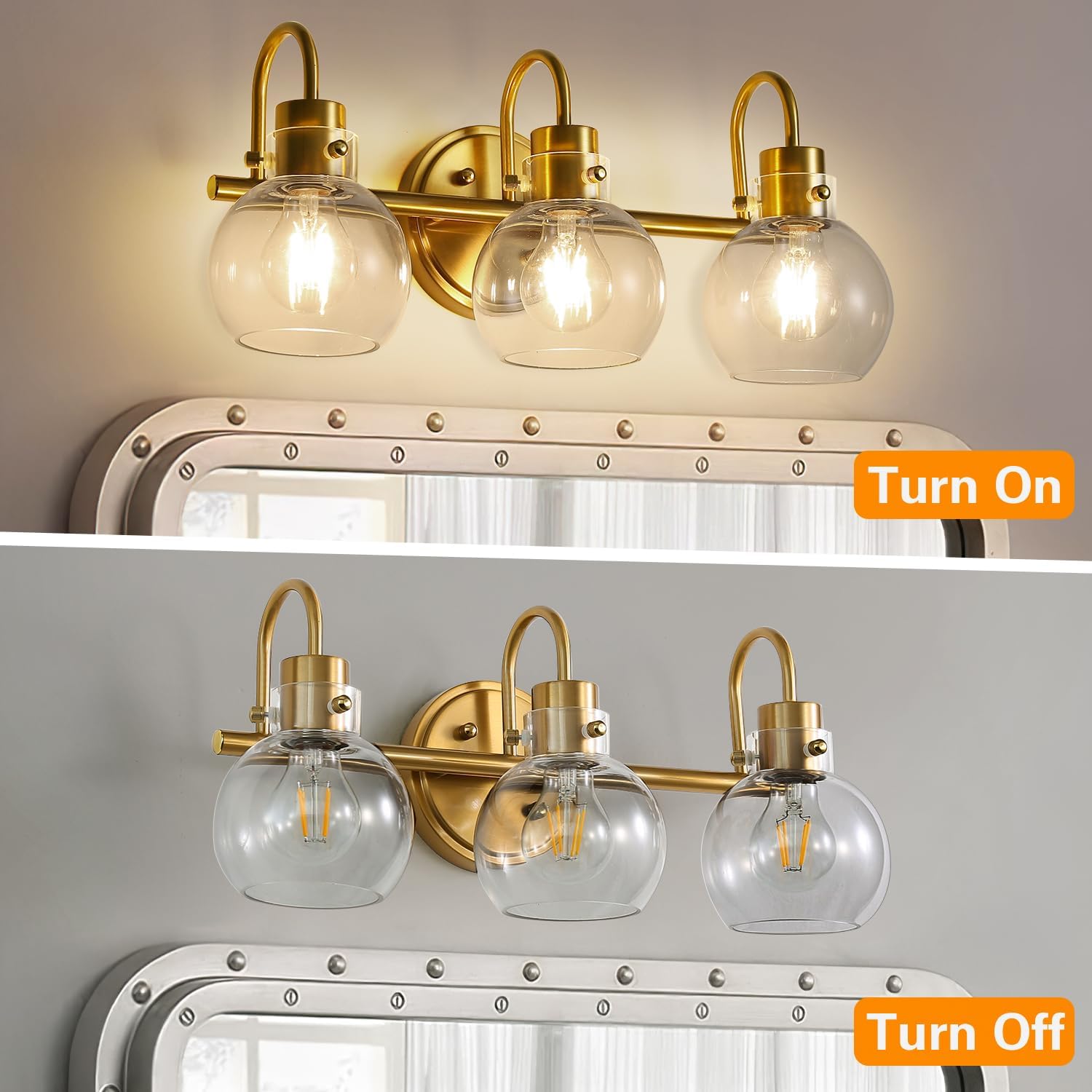 Lámpara de tocador de 3 luces, lámparas de baño de latón cepillado, apliques de pared de granja con pantalla de vidrio transparente de globo,