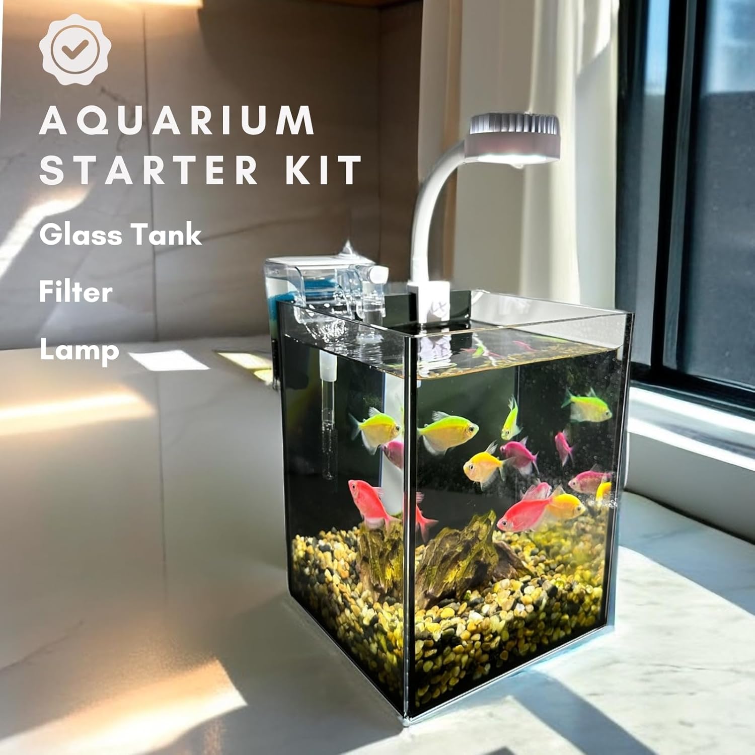 Kit de iniciación para pecera, tanque de vidrio para acuario de 1.2 galones, LWH  6.3 x 6.3 x 8.6 pulgadas, filtro Slient de 60 GPH y lámpara LED de
