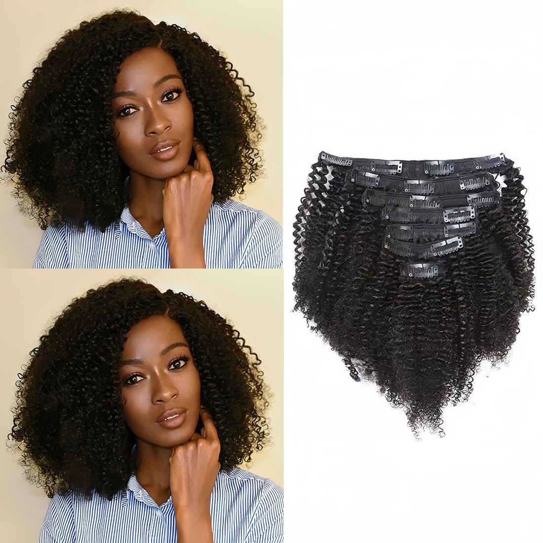 Caliee Extensiones de cabello humano con clip 3C y 4A, 100% virgen, para mujeres negras, afro, rizado, doble trama, 7 piezas, 20 pulgadas