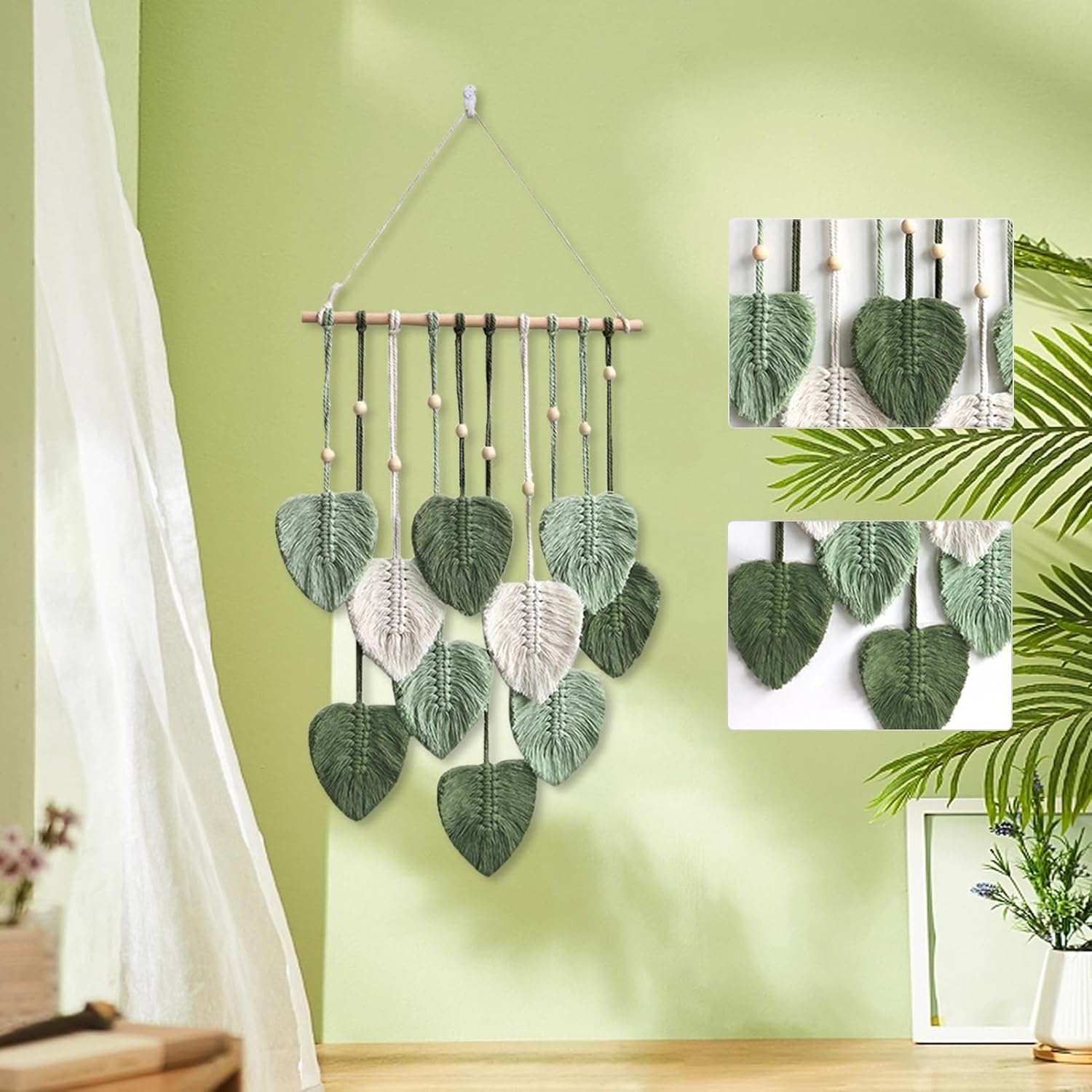 Tapiz de hojas bohemio para colgar en la pared, tapiz para colgar en la pared, hilo tejido de plumas hechas a mano, tapiz bohemio, decoración de