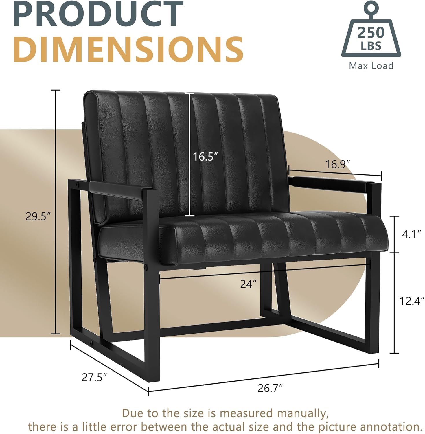 Recaceik Silla decorativa moderna de mediados de siglo, sillón tapizado de piel sintética con marco de metal, cojín de asiento de 4.1 pulgadas de