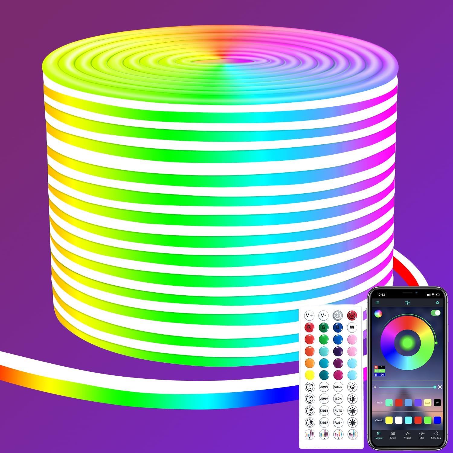 Tira de luces LED RGB de neón de 50 pies con control remotoAPP control IP65, impermeable, flexible, tira de luces LED de neón para decoración de