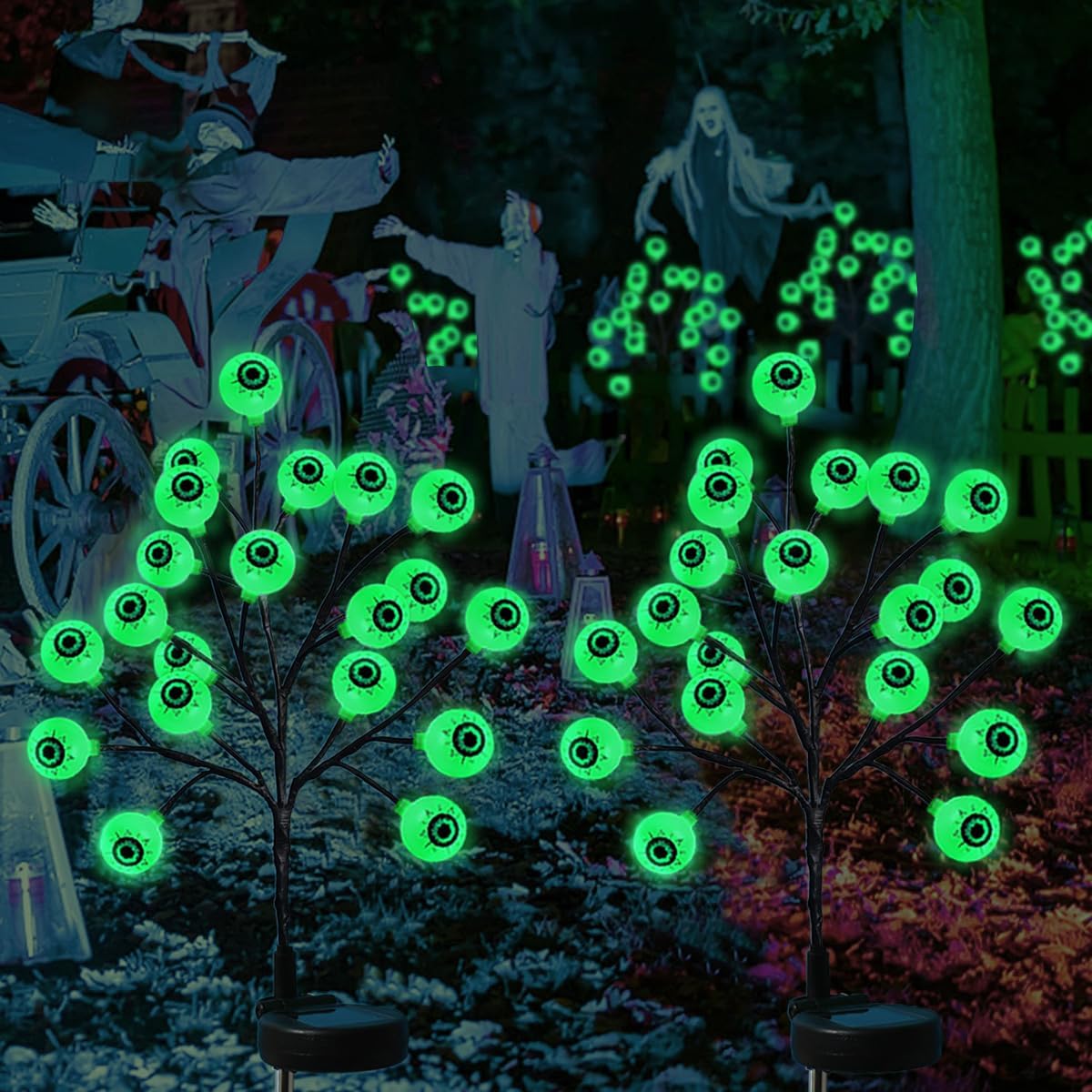 Decoraciones de Halloween para exteriores, luces solares de Halloween, paquete de 2 40 luces LED impermeables de estaca para decoración de