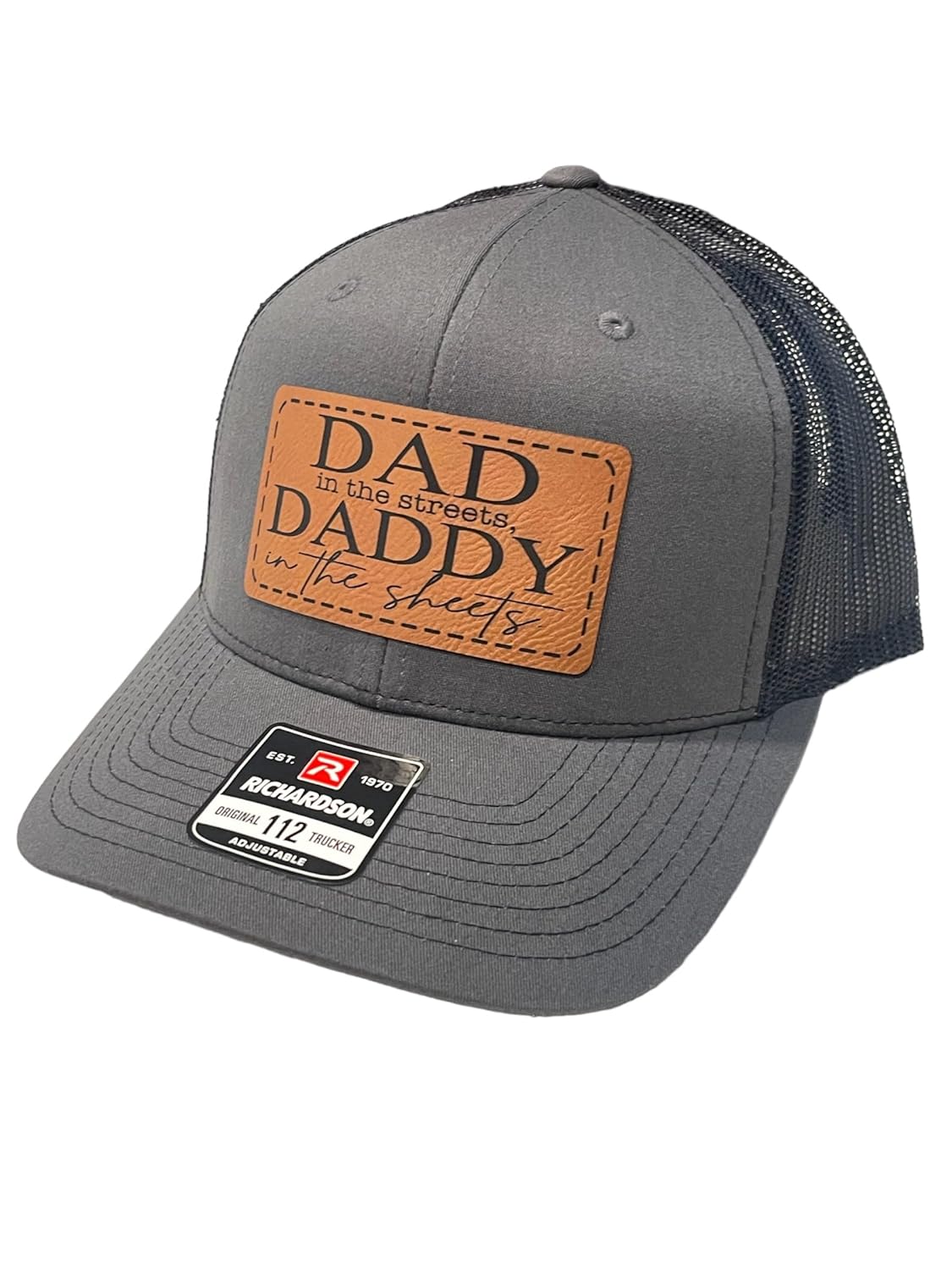 Dad In The Streets Daddy In The Sheets Hat Mens Funny Dad Baseball Cap (CharcoalBlk with Rawhide Patch)