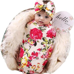 Galabloomer Conjunto de diadema para recién nacido, con estampado de flores, manta para envolver al bebé (flor marfil) Galabloomer Conjunto de diadema para recién nacido, con estampado de flores, manta para envolver al bebé (flor marfil)