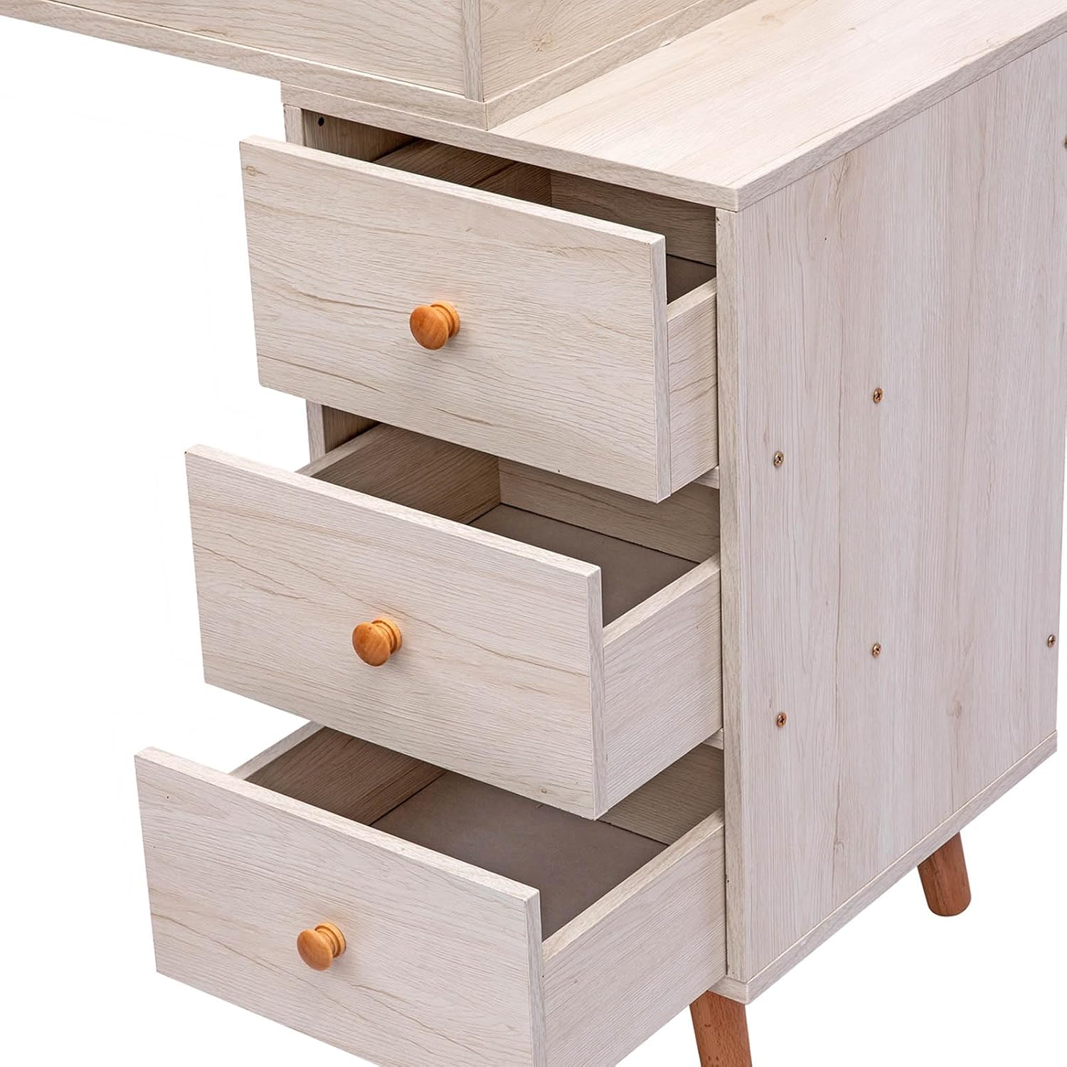 Mesa de tocador de maquillaje con espejo redondo grande, escritorio blanco con taburete acolchado, tocador de madera con 5 cajones y gabinete de