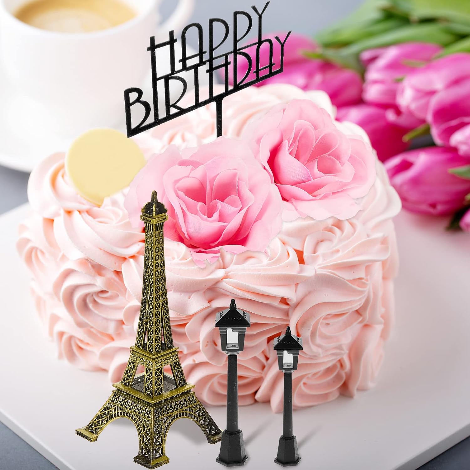 8 piezas de decoración de pastel de París Torre Eiffel con decoración de pastel de feliz cumpleaños, lámpara de calle, torre Eiffel de 7 pulgadas,