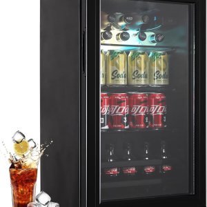 Tymyp Refrigerador de bebidas, mini refrigerador de 120 latas, refrigerador de vino con estantería ajustable y puerta de vidrio para cerveza de soda Tymyp Refrigerador de bebidas, mini refrigerador de 120 latas, refrigerador de vino con estantería ajustable y puerta de vidrio para cerveza de soda