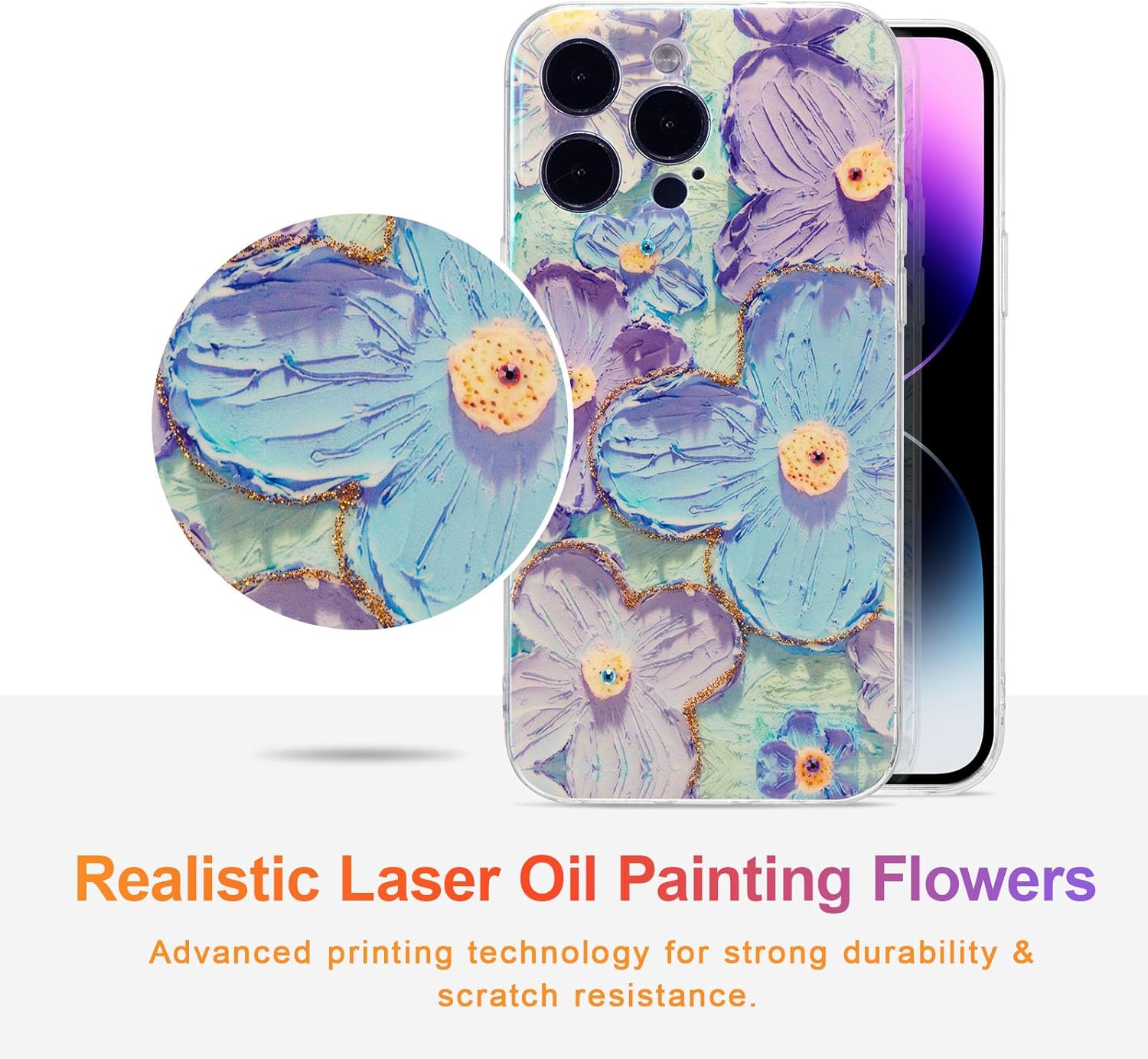 EYZUTAK Funda para iPhone 13 Pro Max, colorida pintura al óleo retro flor patrón brillante láser lindo exquisito floral flor funda protectora
