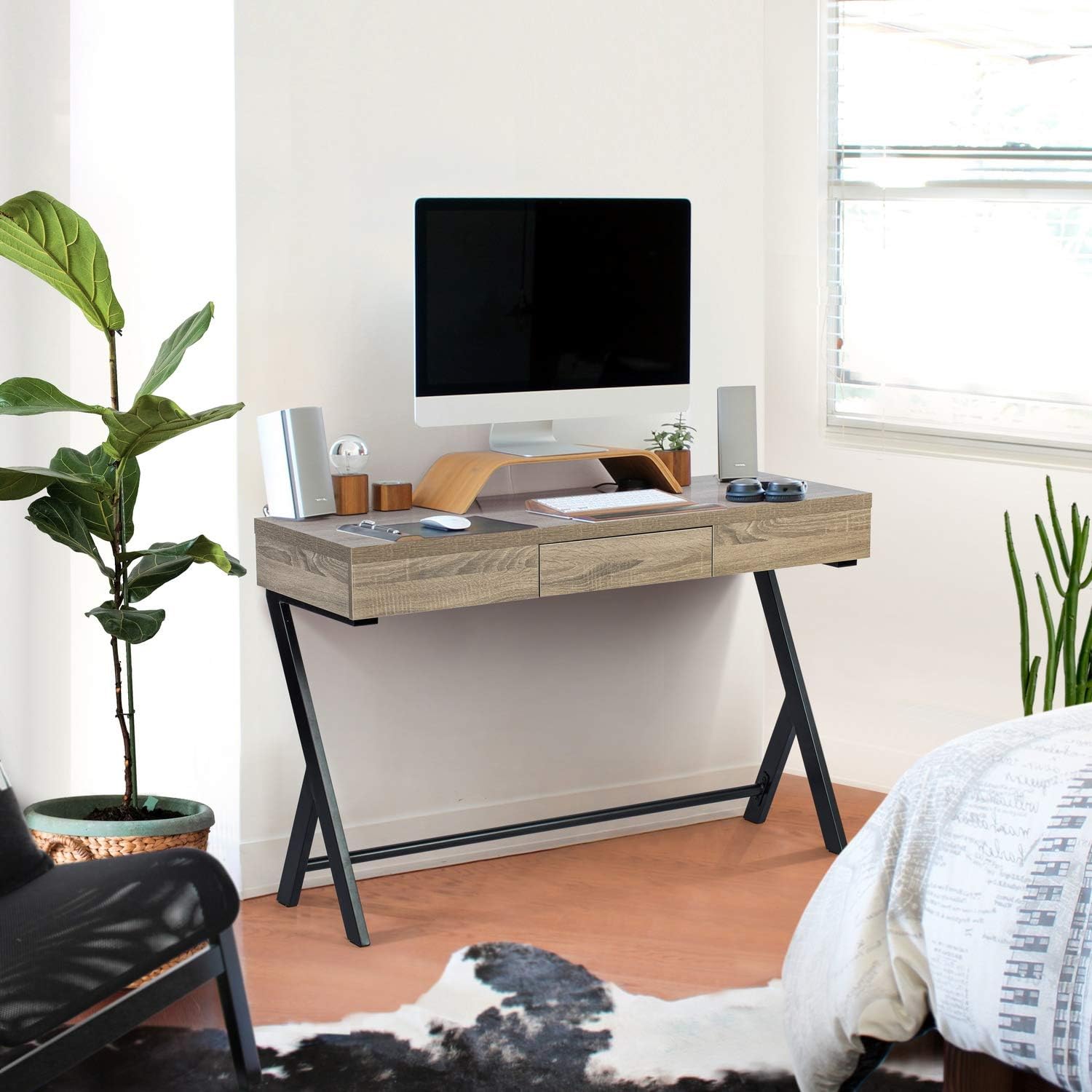 FurnitureR Escritorio de madera para computadora de 45.7 pulgadas con cajón de almacenamiento, escritorio contemporáneo con patas de metal para
