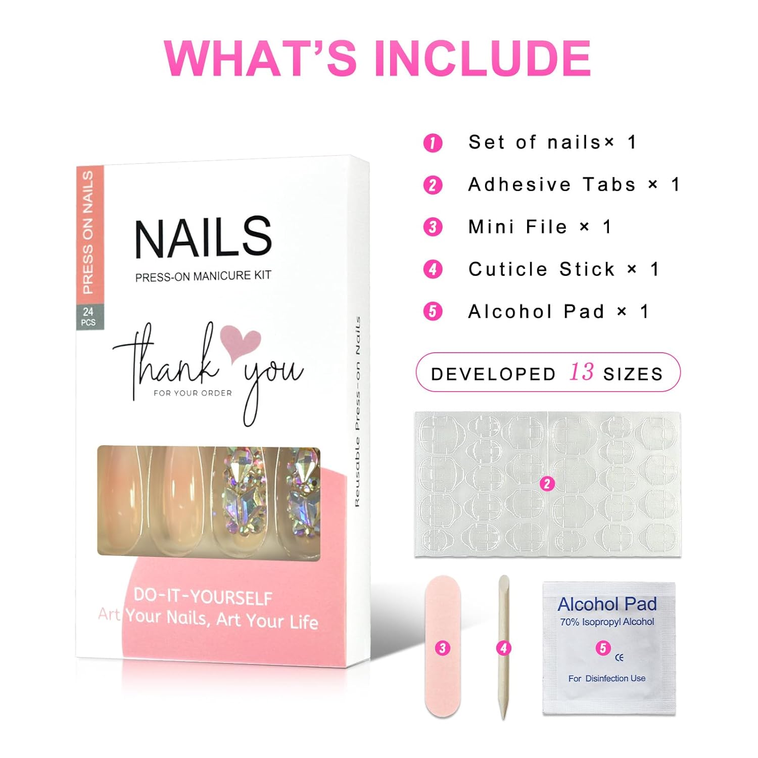 EchiQ – Uñas de lujo personalizadas con piedras grandes decoradas para uñas de lujo en forma de ataúd de color degradado, uñas naturales con