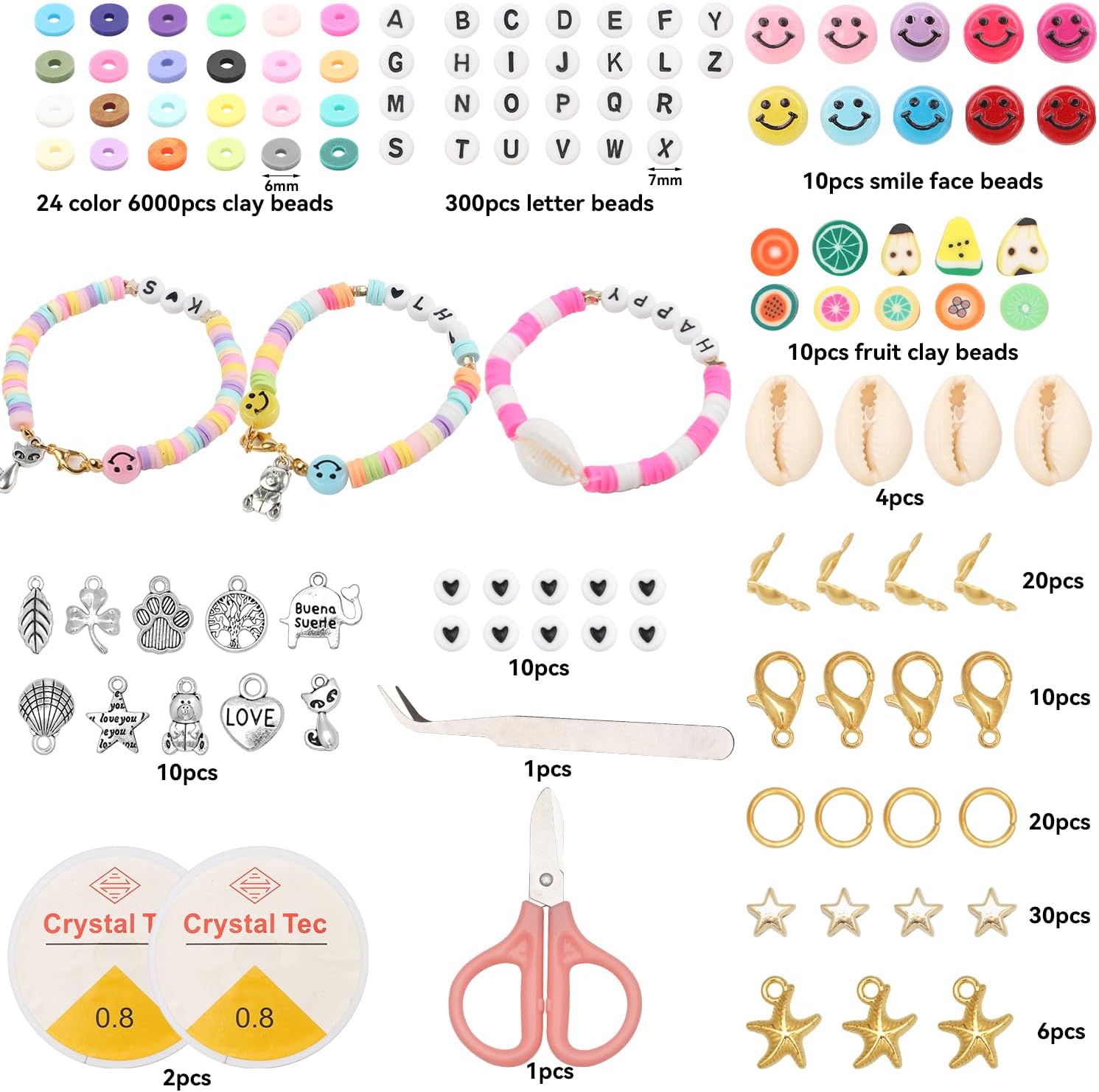 STEFORD Juego de 6000 cuentas de arcilla, 24 cuentas de arcilla de colores para hacer pulseras, cuentas de arcilla con dijes, cuentas de letras para