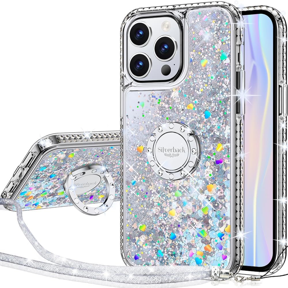 Silverback Funda para iPhone 15 Pro Max, funda con purpurina holográfica líquida en movimiento con soporte, para niñas y mujeres, funda protectora
