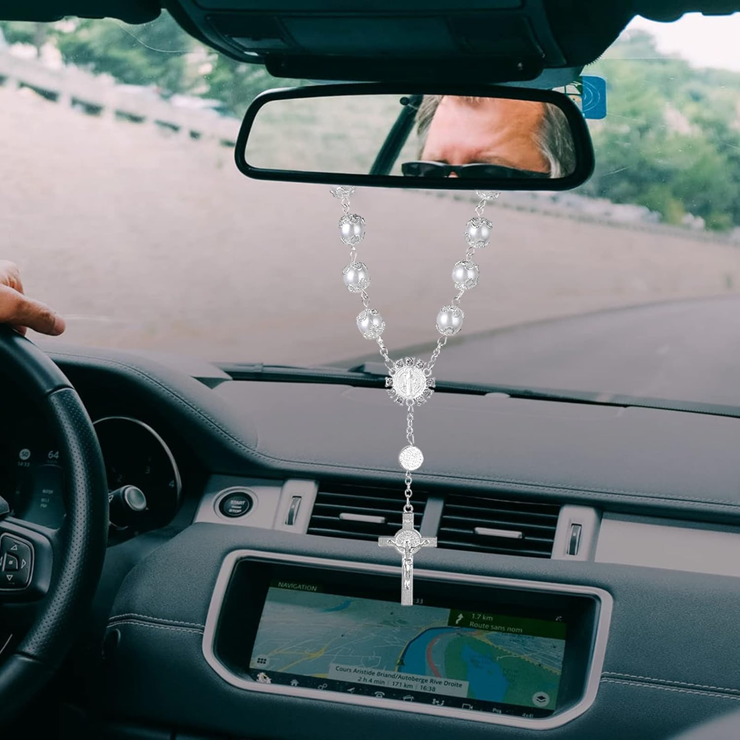 2 piezas de rosario de coche para espejo retrovisor, espejo retrovisor, cuentas de rosario automático, medalla de coche y accesorios colgantes de