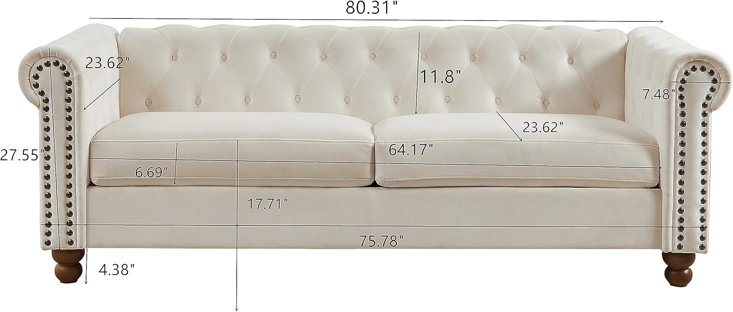 Chesterfield – Sofá moderno tapizado cómodo con asientos profundos, sofá de 3 plazas con 2 almohadas para sala de estar, apartamento, oficina, sala