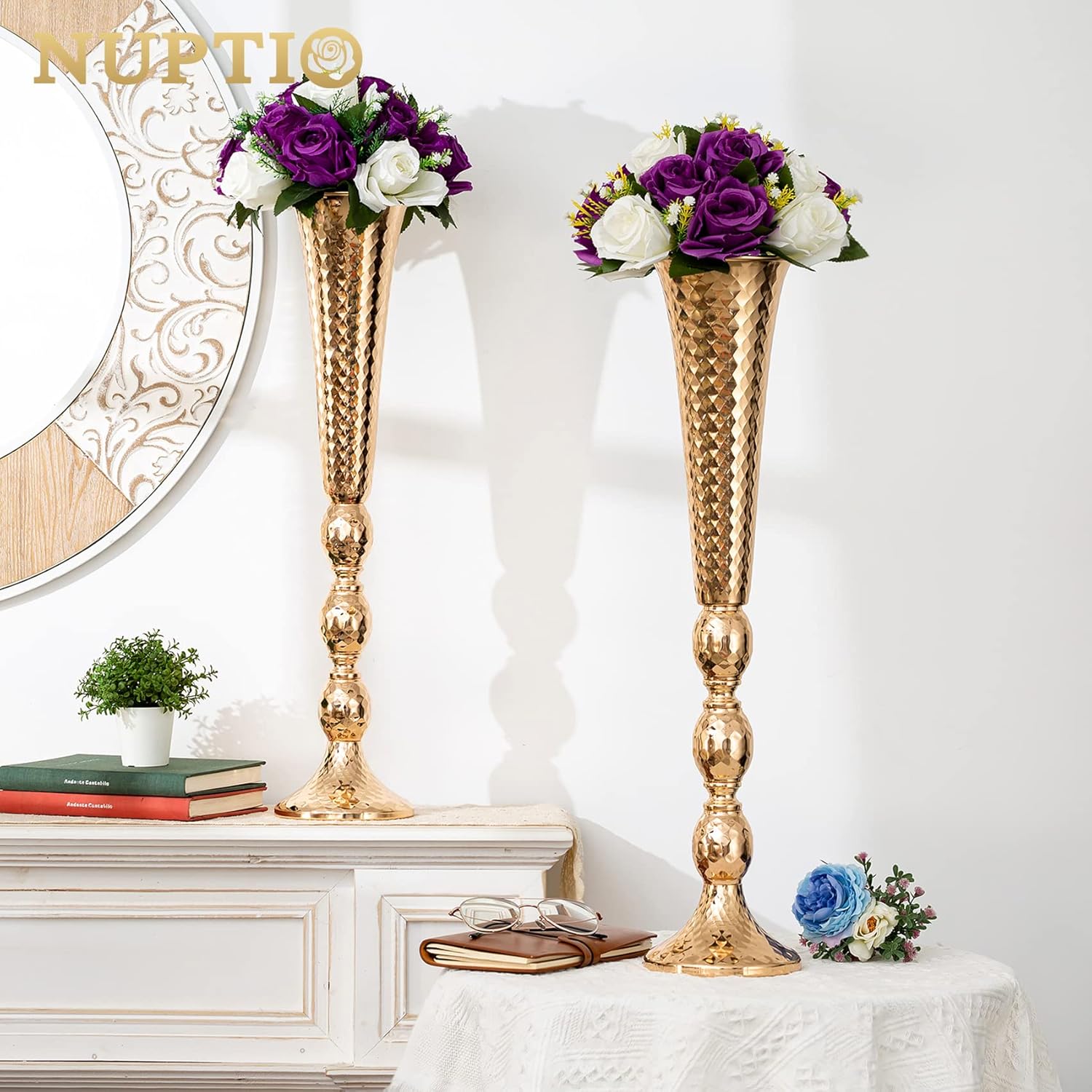 Nuptio 2 centros de mesa para mesa de boda, jarrón de trompeta de metal de 24 pulgadas de alto, jarrones de flores para fiesta, cena, centro de