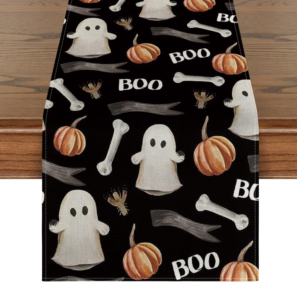 Artoid Mode Camino de mesa de acuarela fantasma, calabazas, hueso, Boo, negro, temporada de otoño, espeluznante, Halloween, vacaciones, cocina,