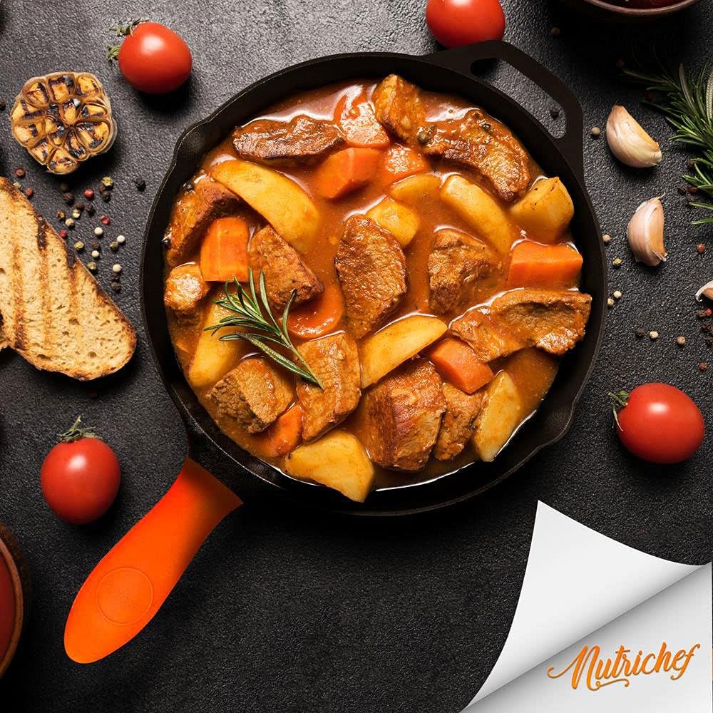 NutriChef NCCI10 – Juego de utensilios de cocina de hierro fundido antiadherente de 10 pulgadas con tapa de vidrio templado y mango de silicona para