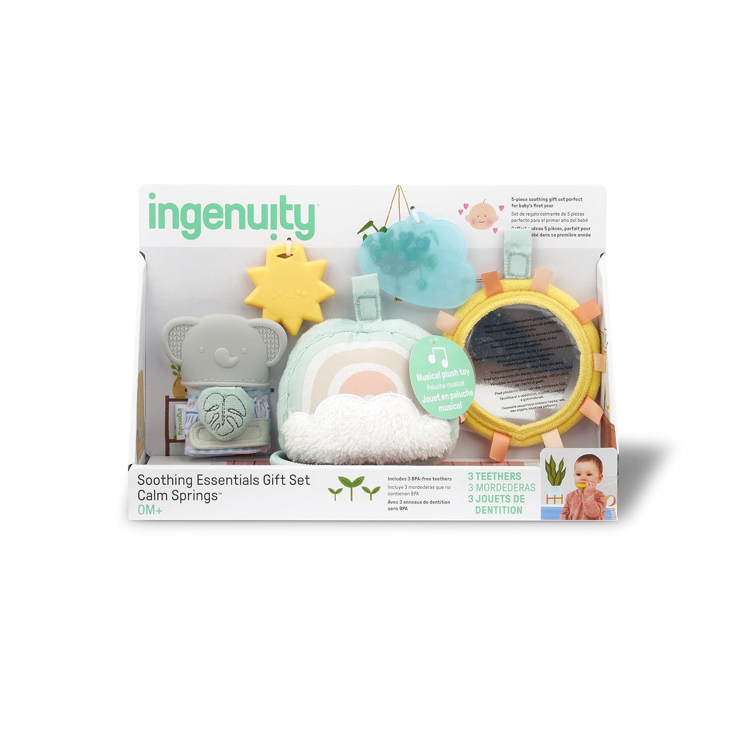 Ingenuity Calm Springs – Juego de regalo de artículos esenciales relajantes, juguete musical, sonajero, espejo, 2 mordedores para bebé