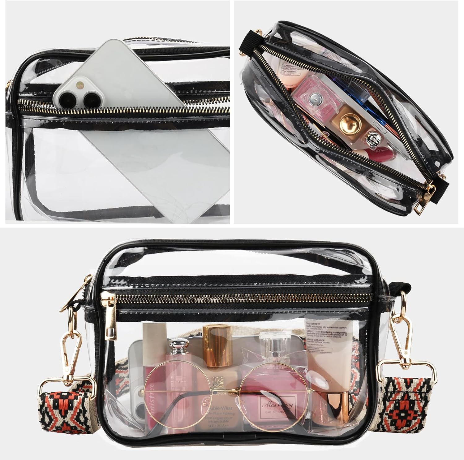 WEDDINGHELPER Bolsa cruzada transparente, bolsa transparente aprobada para estadios con correa ajustable para conciertos deportivos, festivales
