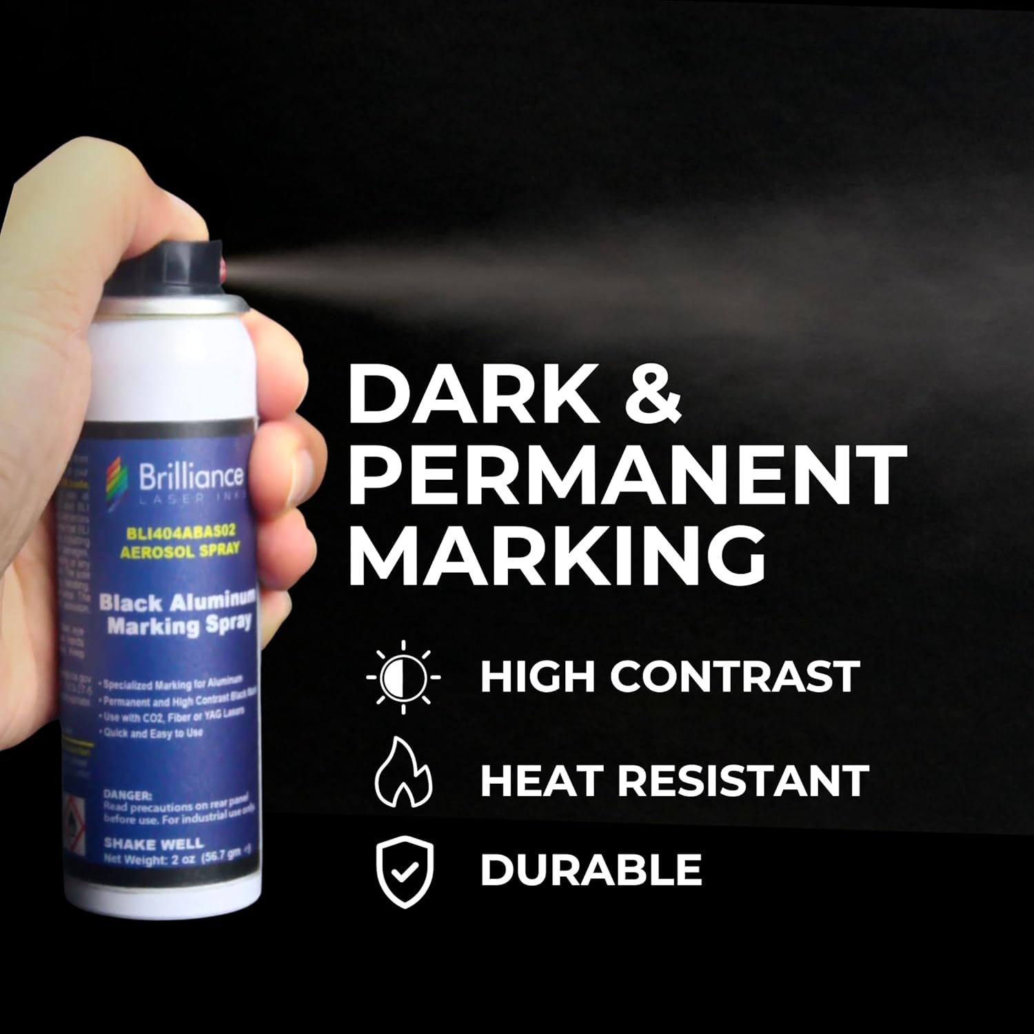 Brilliance Laser Inks Spray de marcado láser de aluminio de 2 onzas, negro, antiobstrucciones, aerosol permanente de grabado de metal, compatible