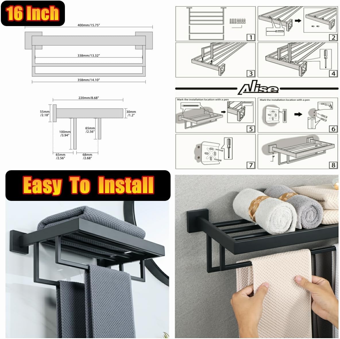 Alise Toallero, toallero con barras de toalla dobles para baño y lavabo, 16 pulgadas, acero inoxidable SUS 304, soporte de torre de montaje en