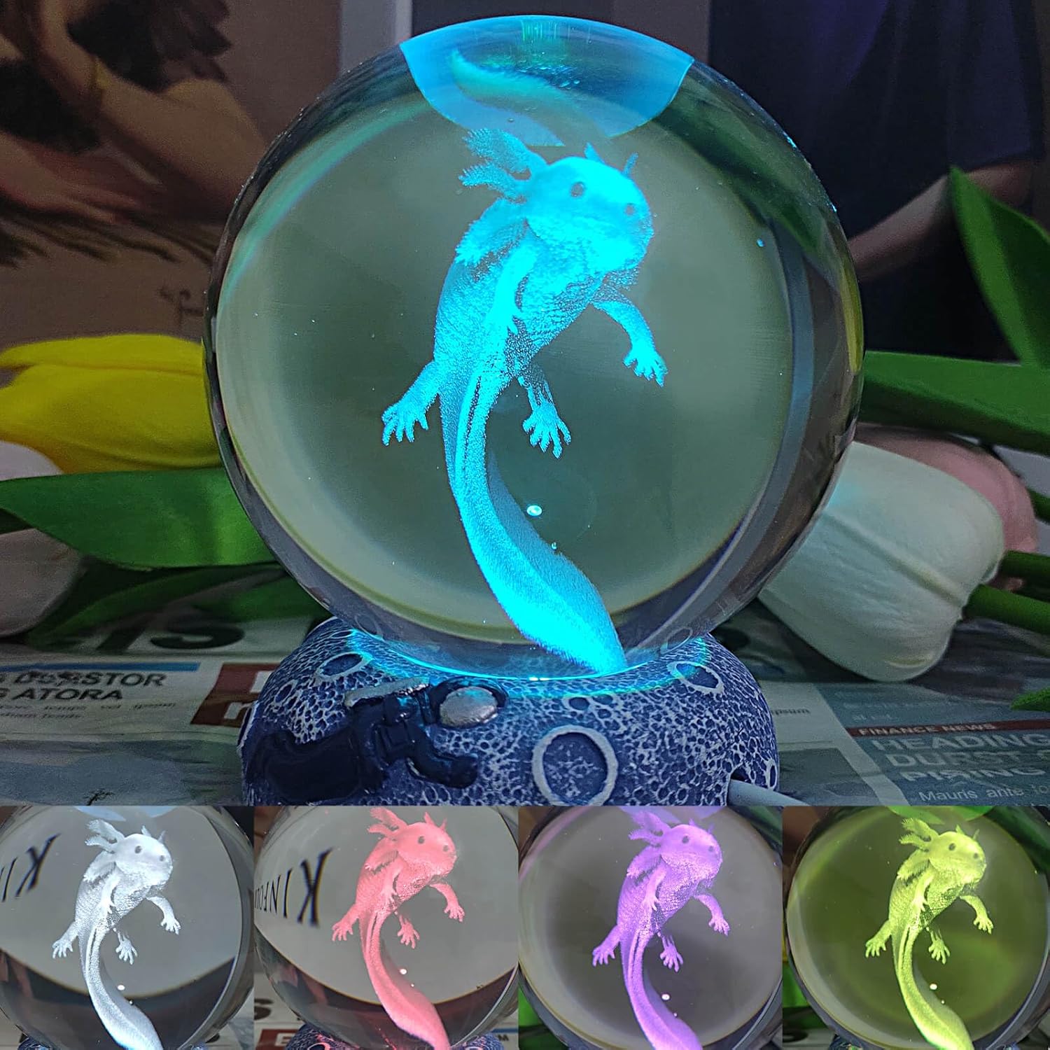Luces LED de noche de ajolote, luz de bola de cristal 3D, luz cambiante de 16 colores, soporte base de pantalla LED, lámpara de mesa divertida para