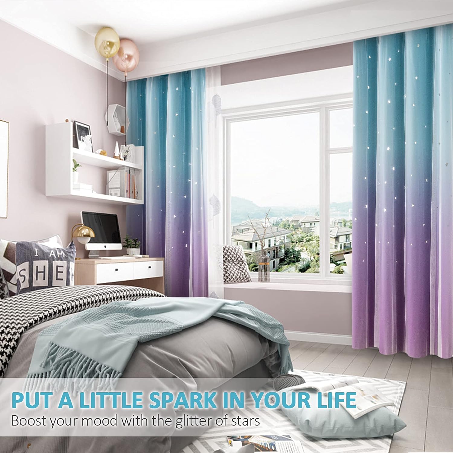 Stiio Cortinas opacas con corte de estrella para dormitorio de niñas, 2 paneles, cortinas opacas 2 en 1 con bloqueo de luz con ojales transparentes