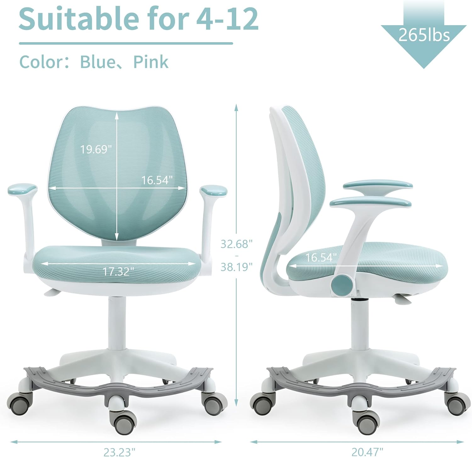 HOMEFUN Silla de escritorio para niños, sillas de computadora con reposabrazos y reposapiés para niños y niñas, bonita malla ergonómica con altura