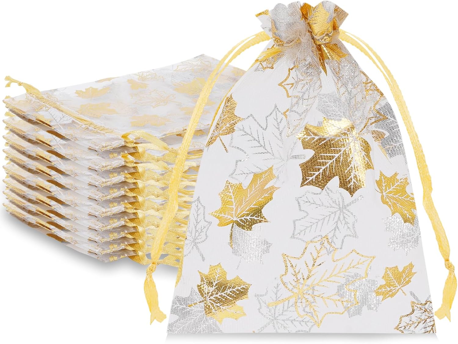 Whaline 100 bolsas de organza de otoño con cordón de hojas de arce doradas, bolsas de regalo de joyería de Acción de Gracias, bolsas de regalo para